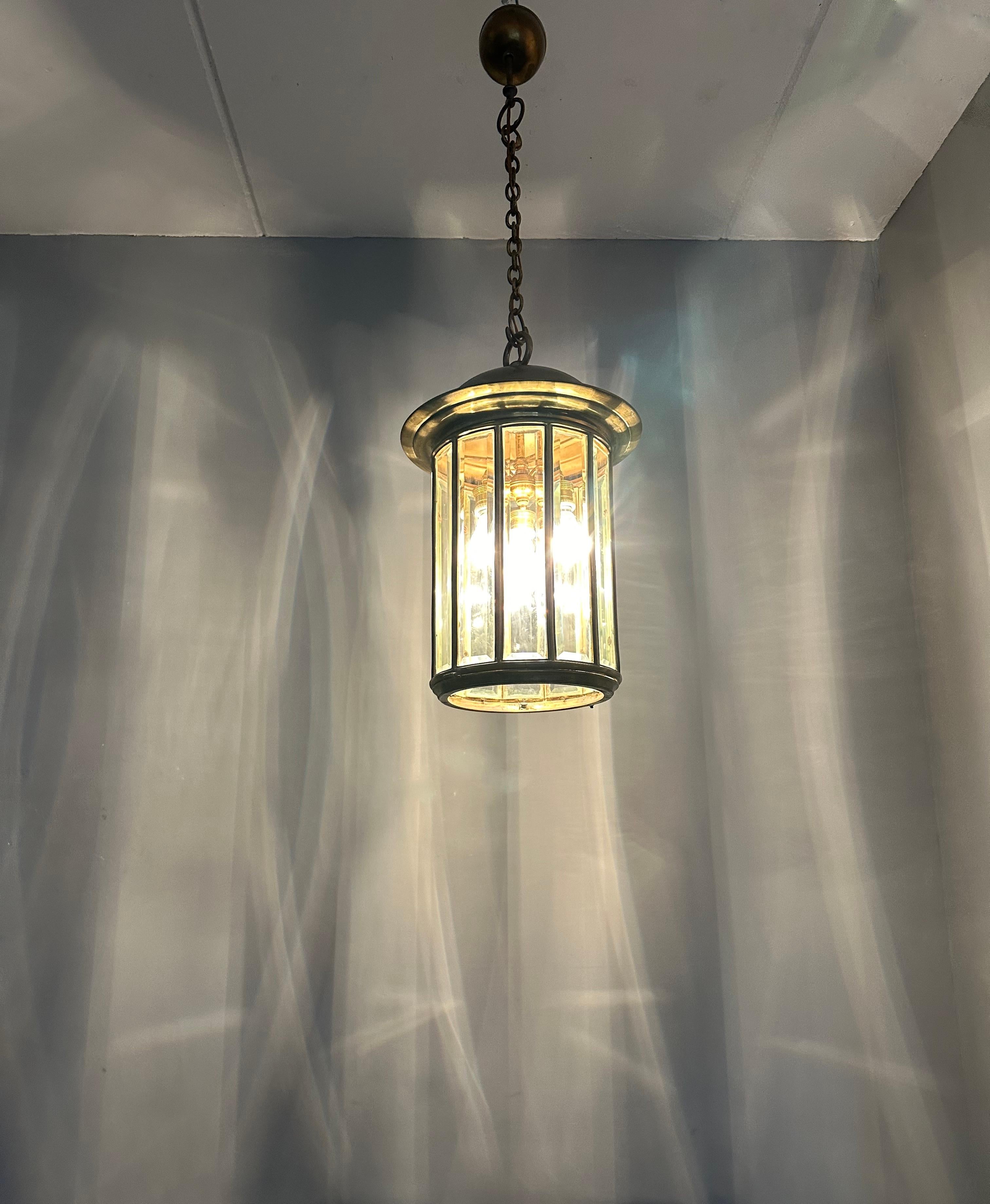 Extra Large Art Deco Bronze & Beveled Glass 12 Angular Hallway Pendant, Lantern In Good Condition For Sale In Lisse, NL