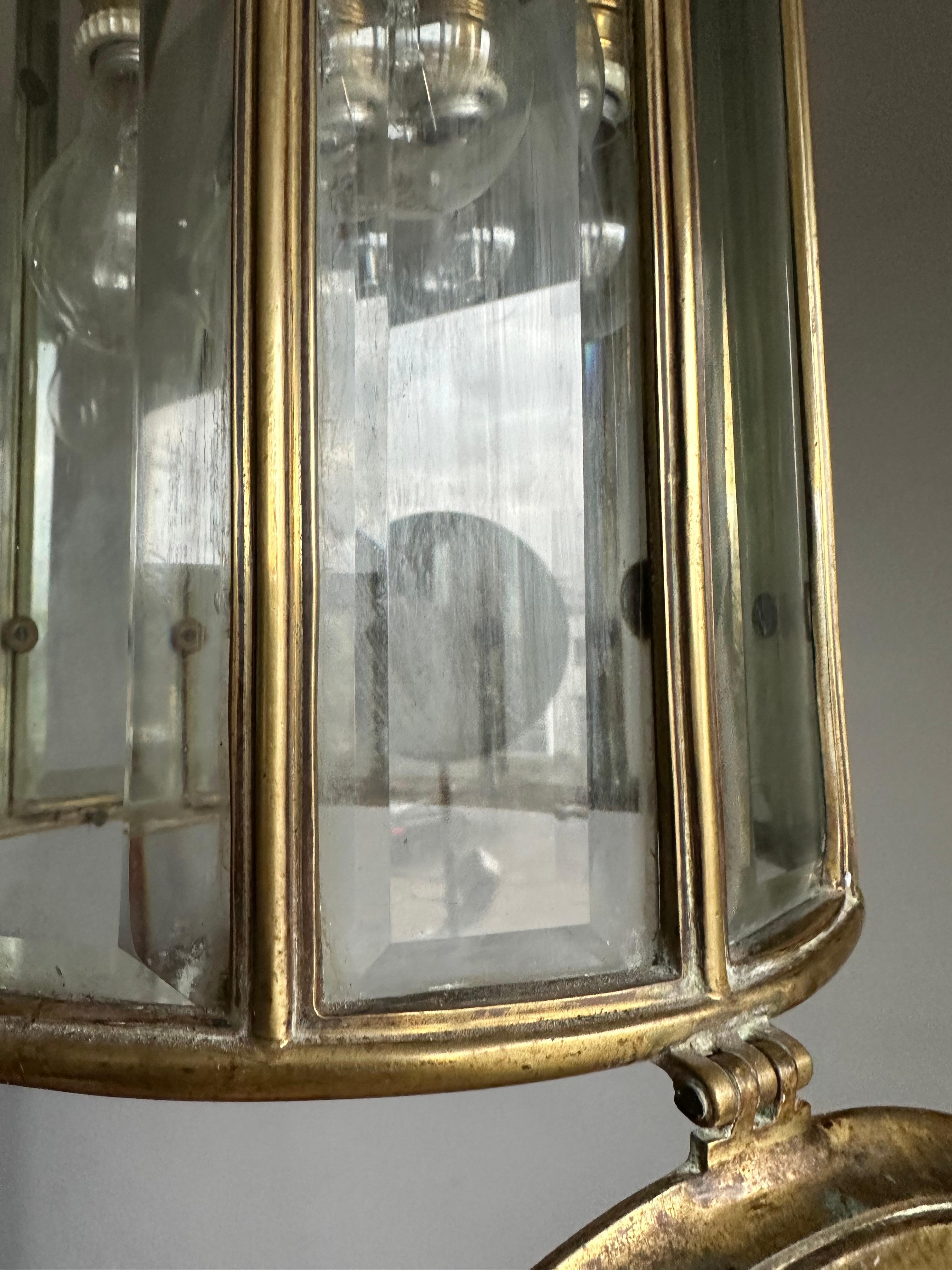 20th Century Extra Large Art Deco Bronze & Beveled Glass 12 Angular Hallway Pendant, Lantern For Sale