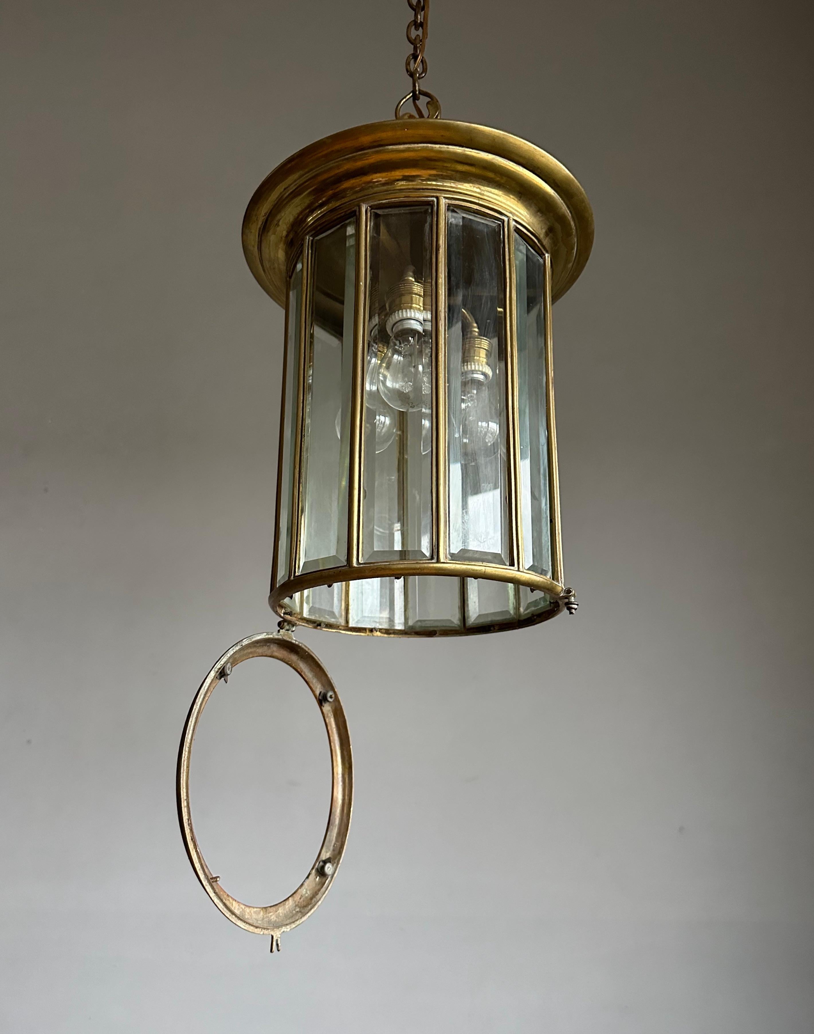 Porcelain Extra Large Art Deco Bronze & Beveled Glass 12 Angular Hallway Pendant, Lantern For Sale