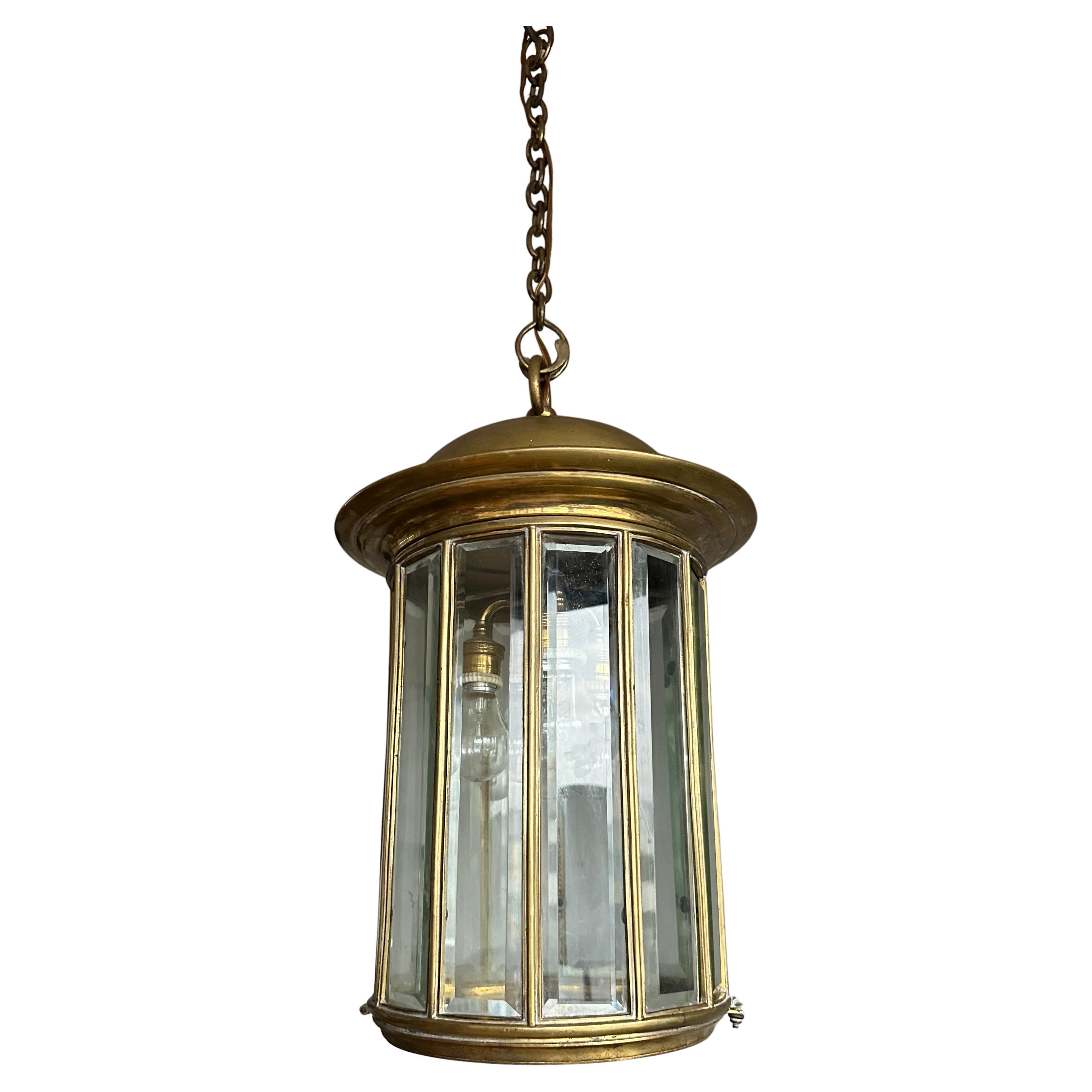 Extra Large Art Deco Bronze & Beveled Glass 12 Angular Hallway Pendant, Lantern For Sale