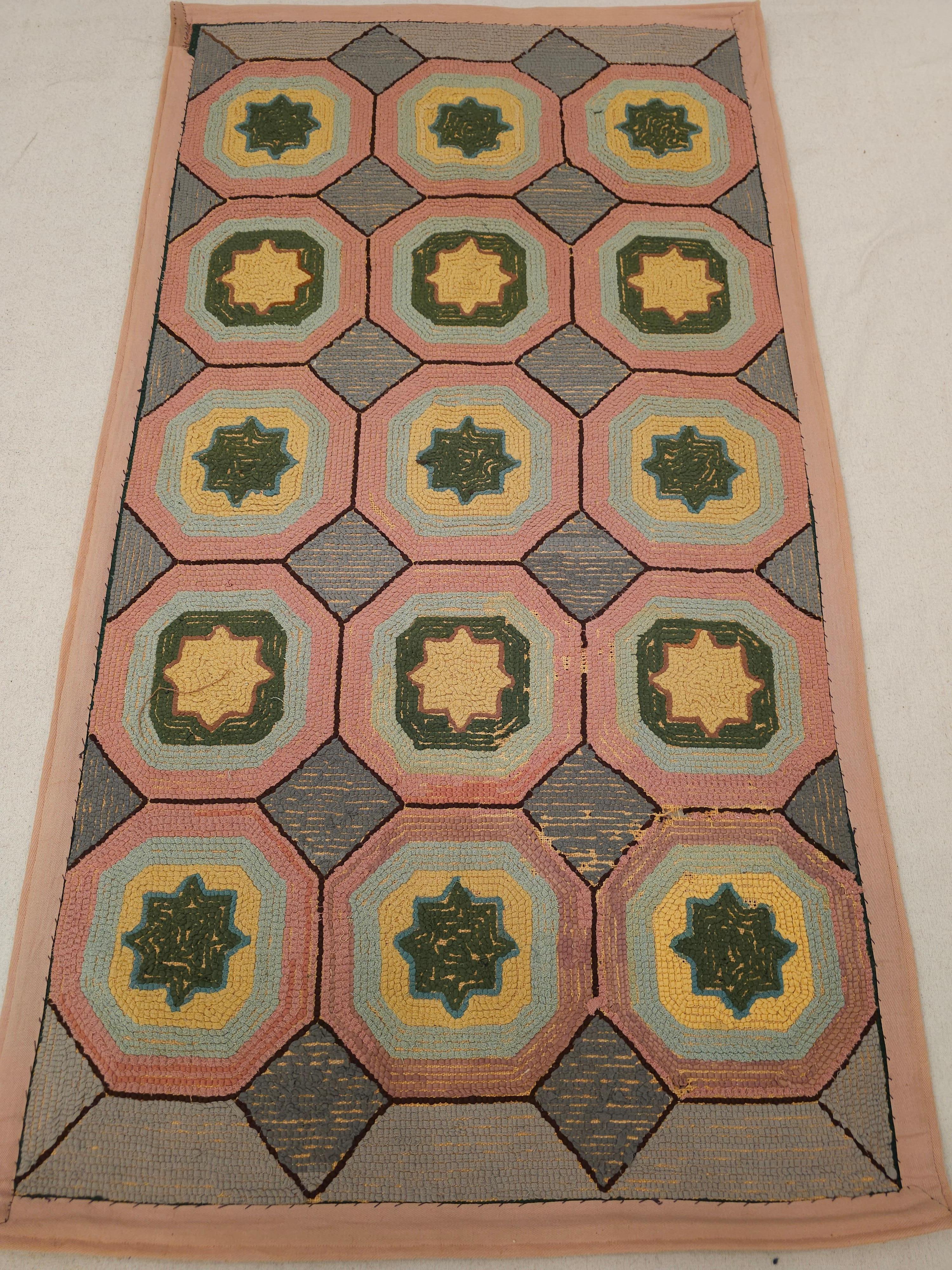 Vintage American Hooked Rug in Geometric Pattern in Gray, Blue, Pink, Yellow For Sale 6