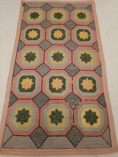 Early 1900s Hand-Hooked Rug, Geometric Design, Wool Pile, American Art