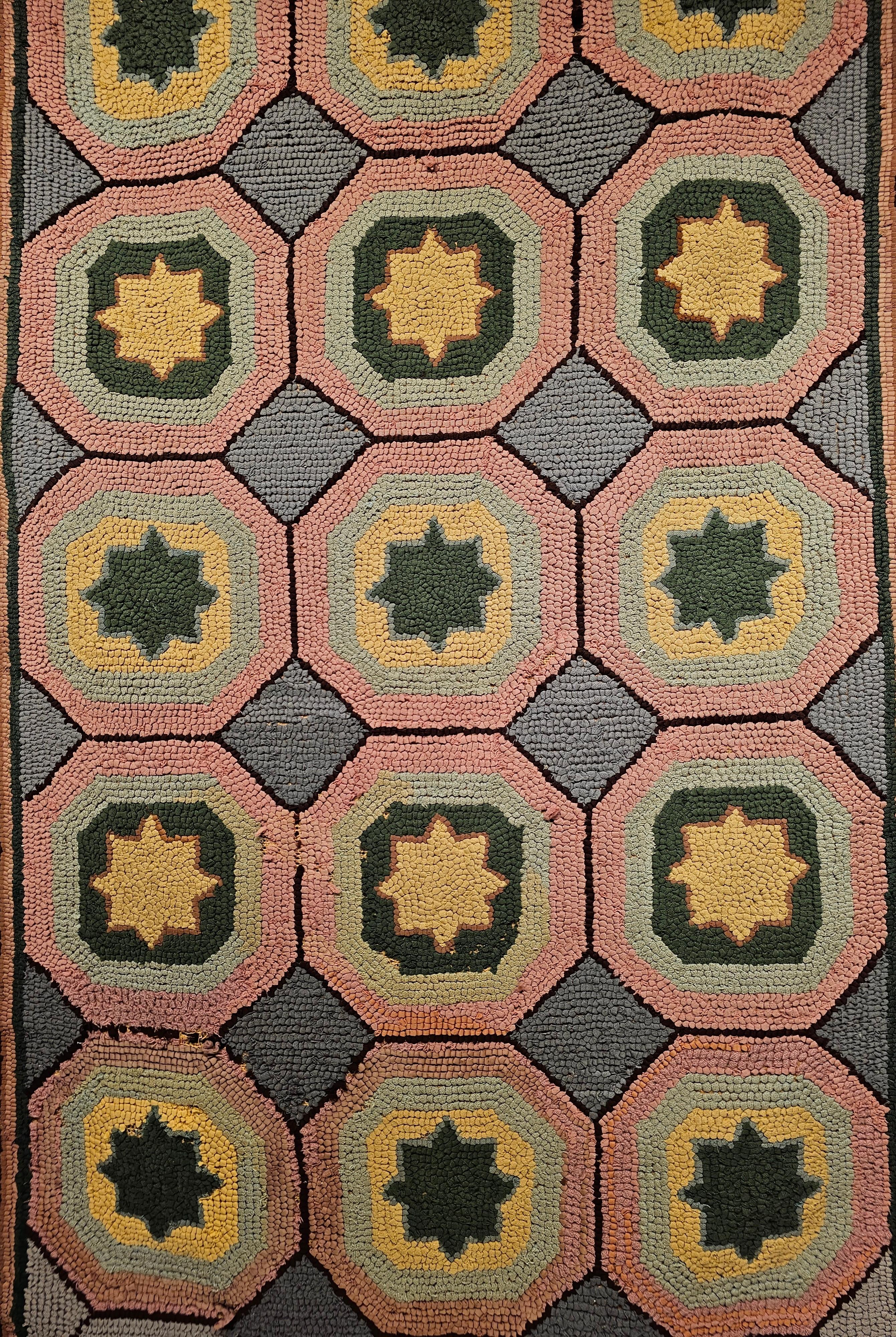 Hand-Crafted Vintage American Hooked Rug in Geometric Pattern in Gray, Blue, Pink, Yellow For Sale
