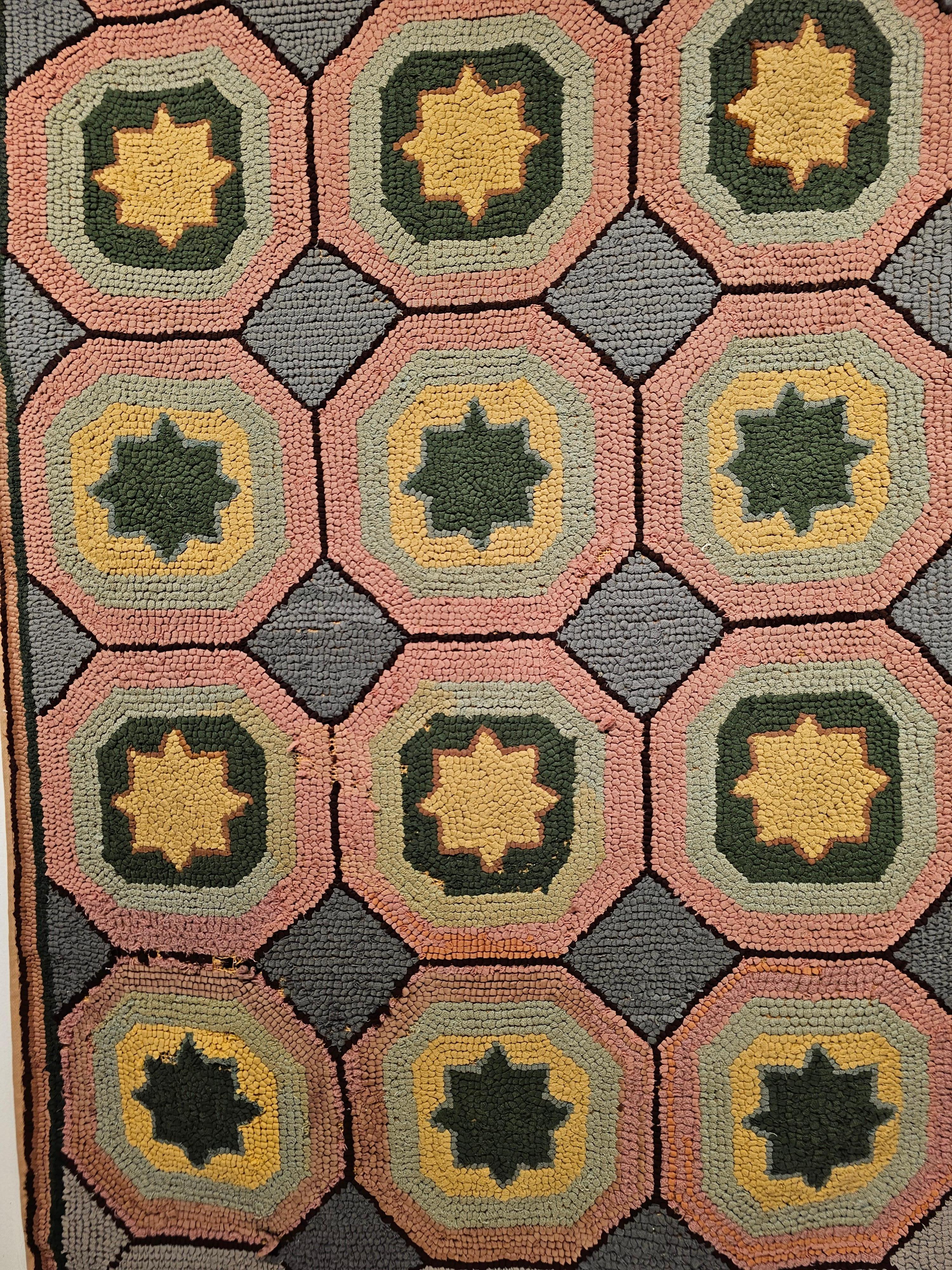 Hand-Crafted Vintage American Hooked Rug in Geometric Pattern in Gray, Blue, Pink, Yellow For Sale