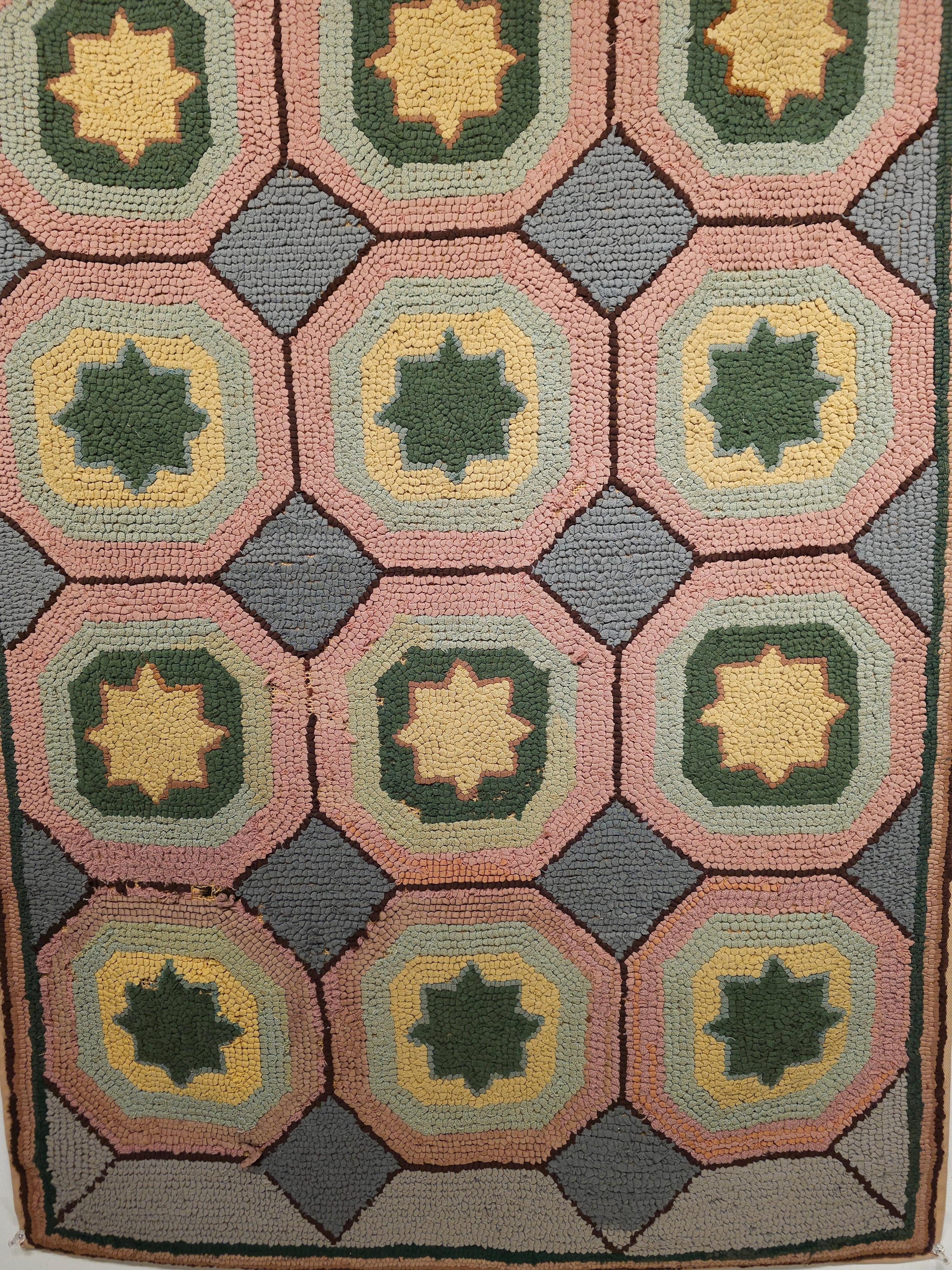 Early 20th Century Vintage American Hooked Rug in Geometric Pattern in Gray, Blue, Pink, Yellow For Sale