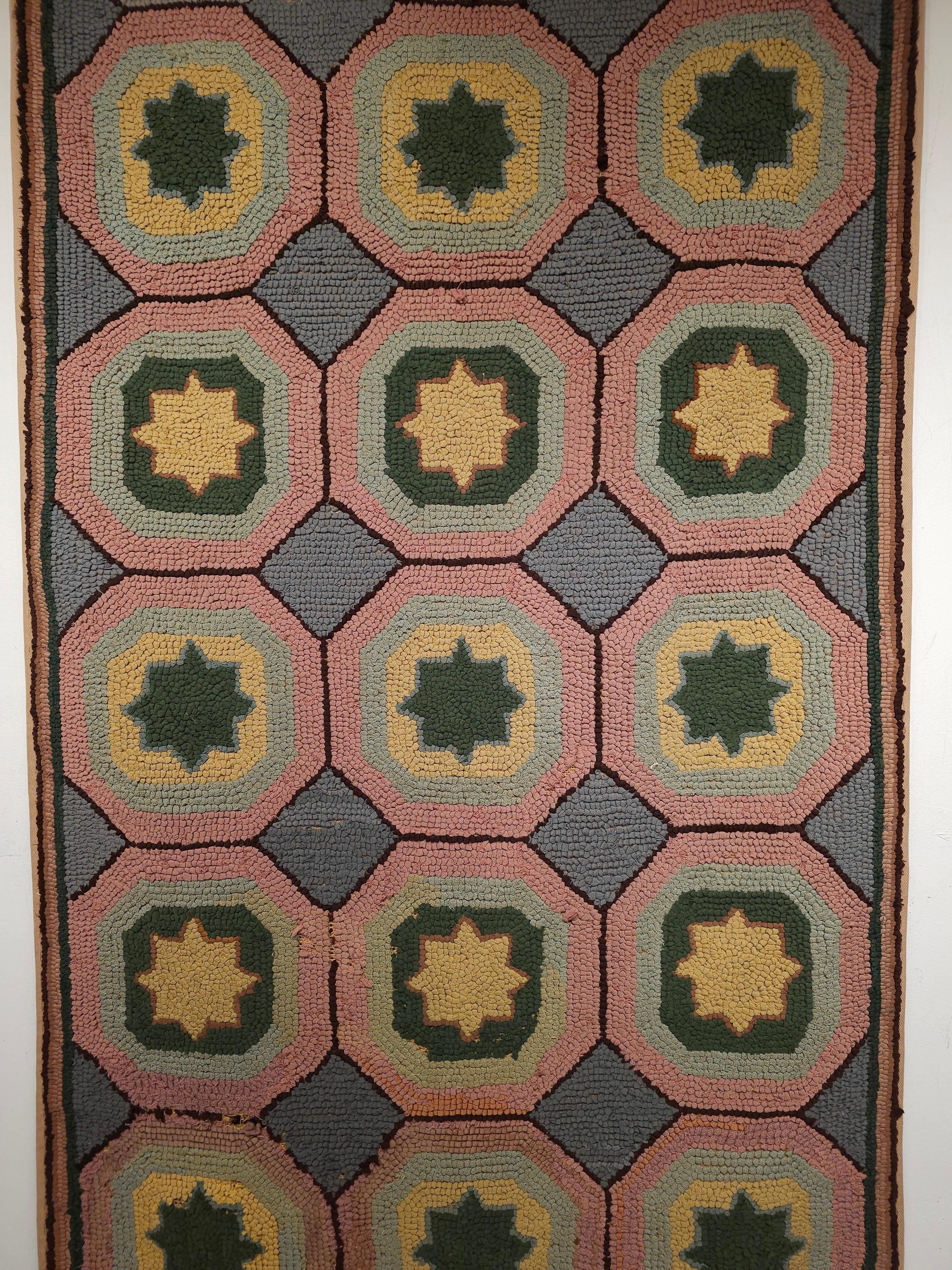Early 20th Century Vintage American Hooked Rug in Geometric Pattern in Gray, Blue, Pink, Yellow For Sale