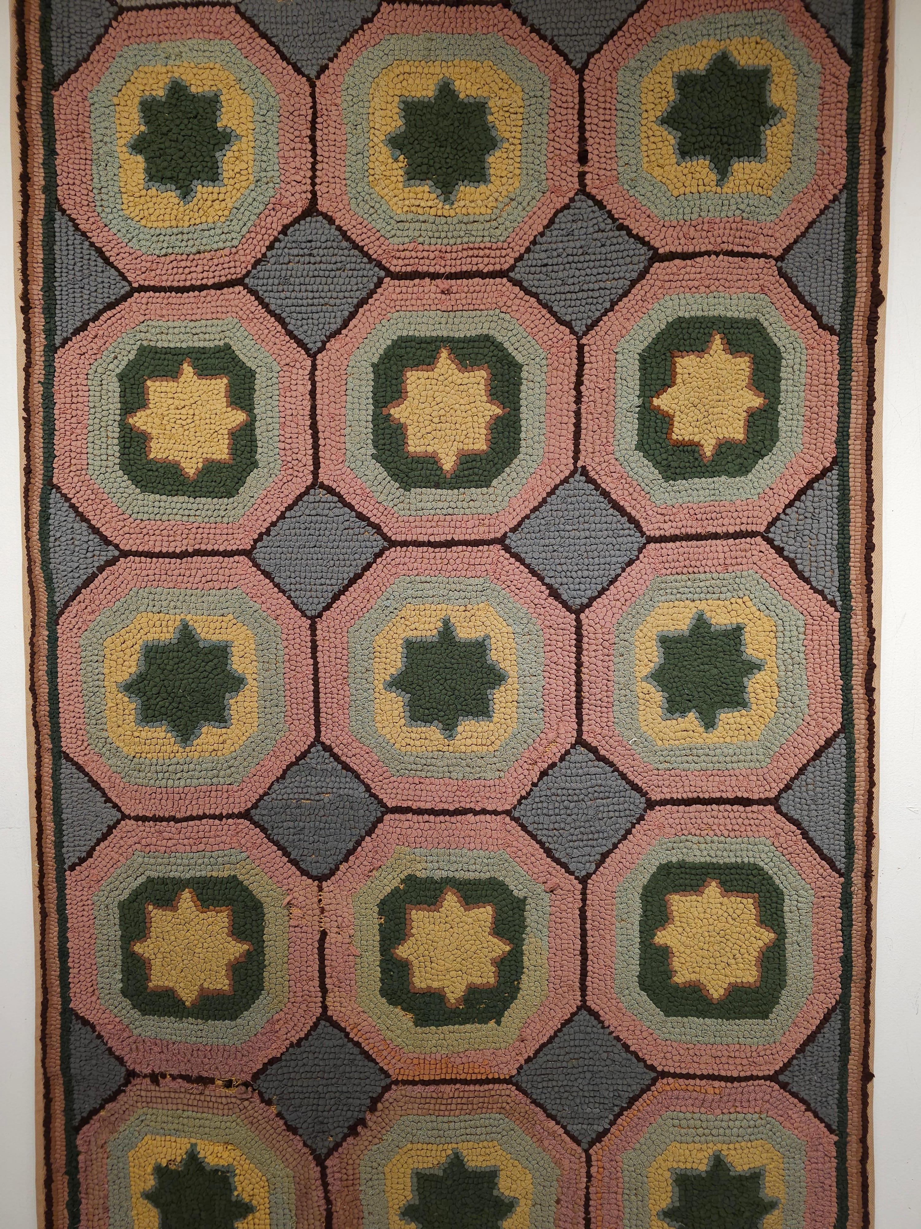 Wool Vintage American Hooked Rug in Geometric Pattern in Gray, Blue, Pink, Yellow For Sale
