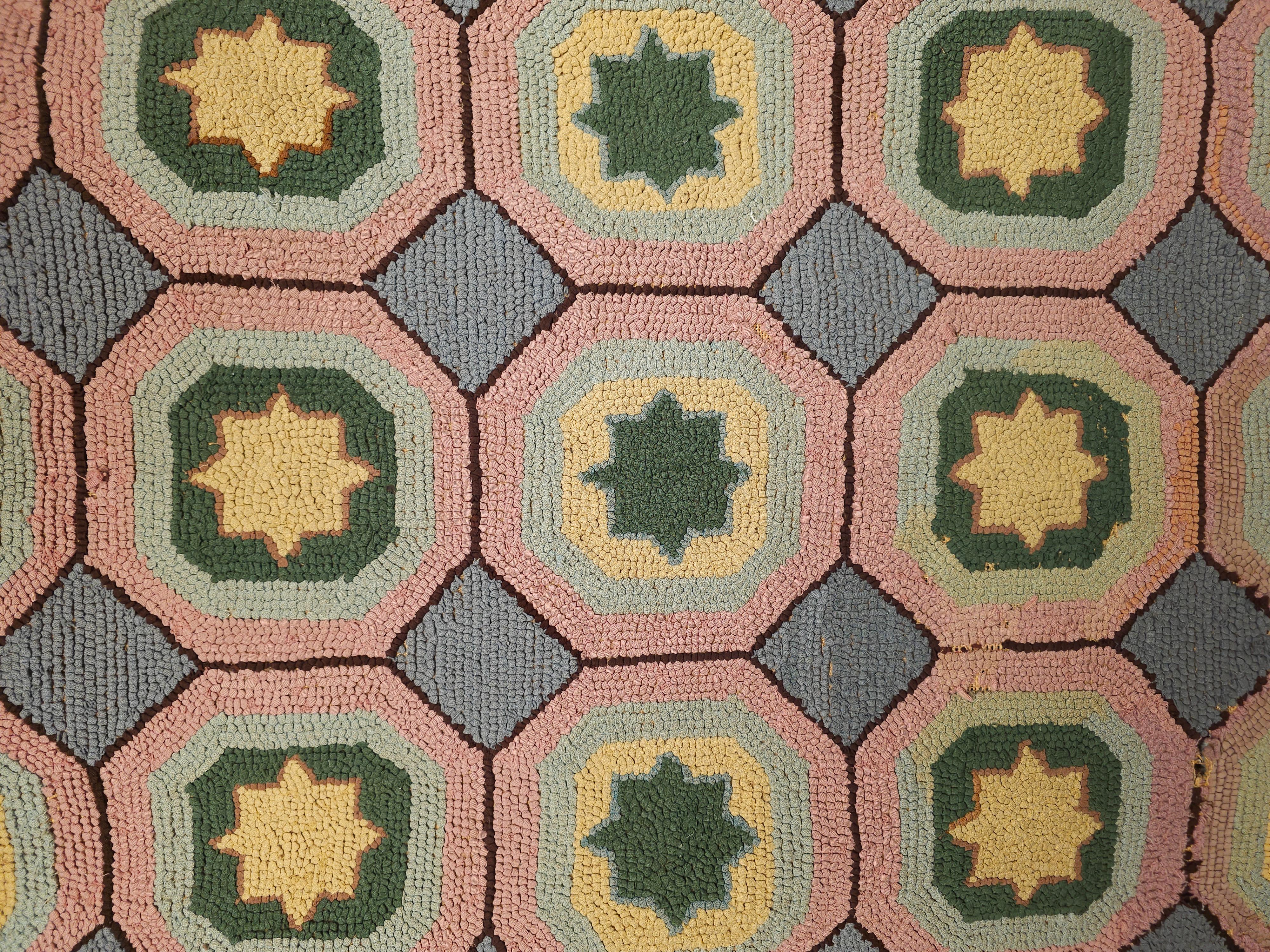 Vintage American Hooked Rug in Geometric Pattern in Gray, Blue, Pink, Yellow For Sale 1