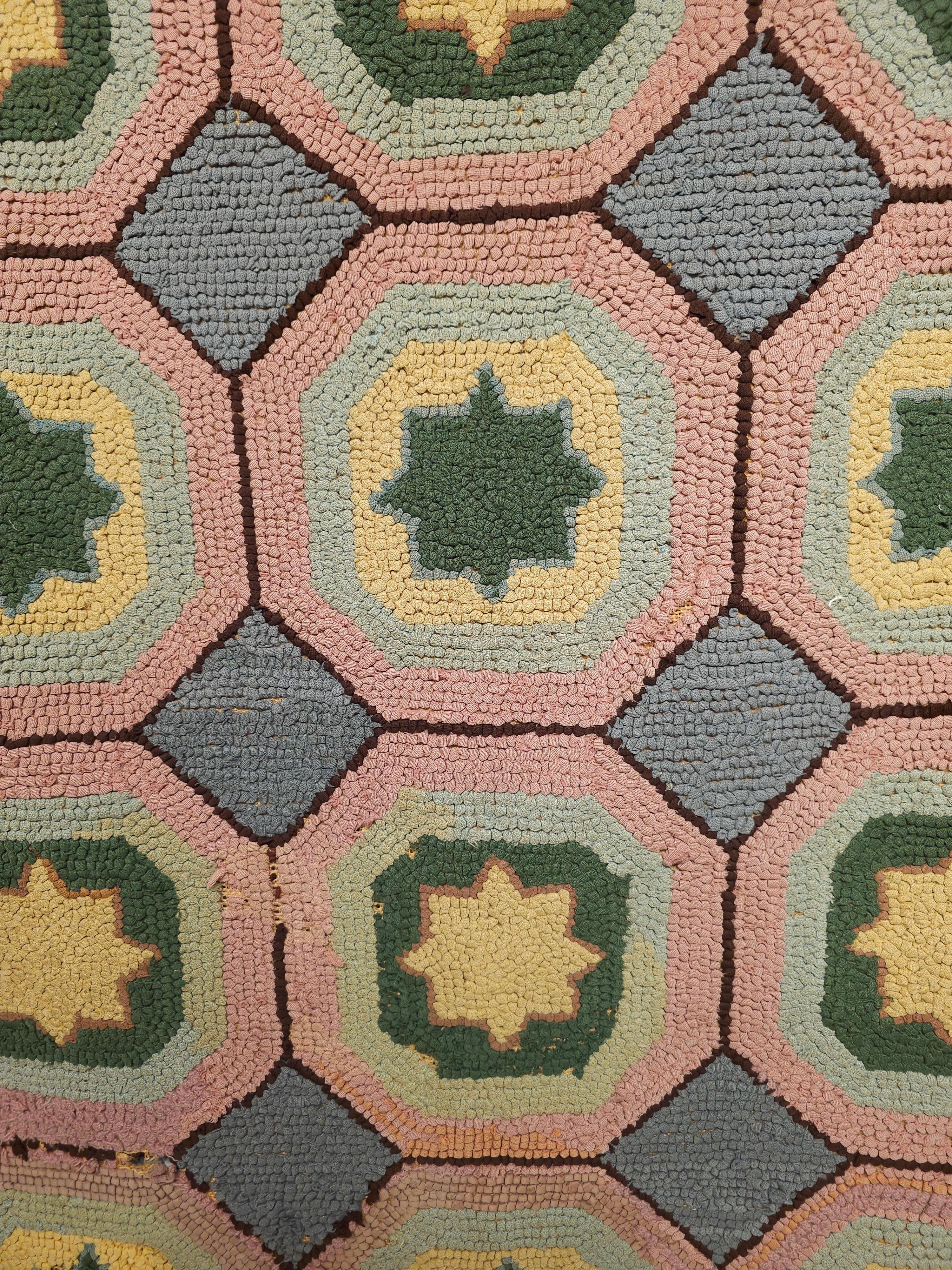 Vintage American Hooked Rug in Geometric Pattern in Gray, Blue, Pink, Yellow For Sale 3