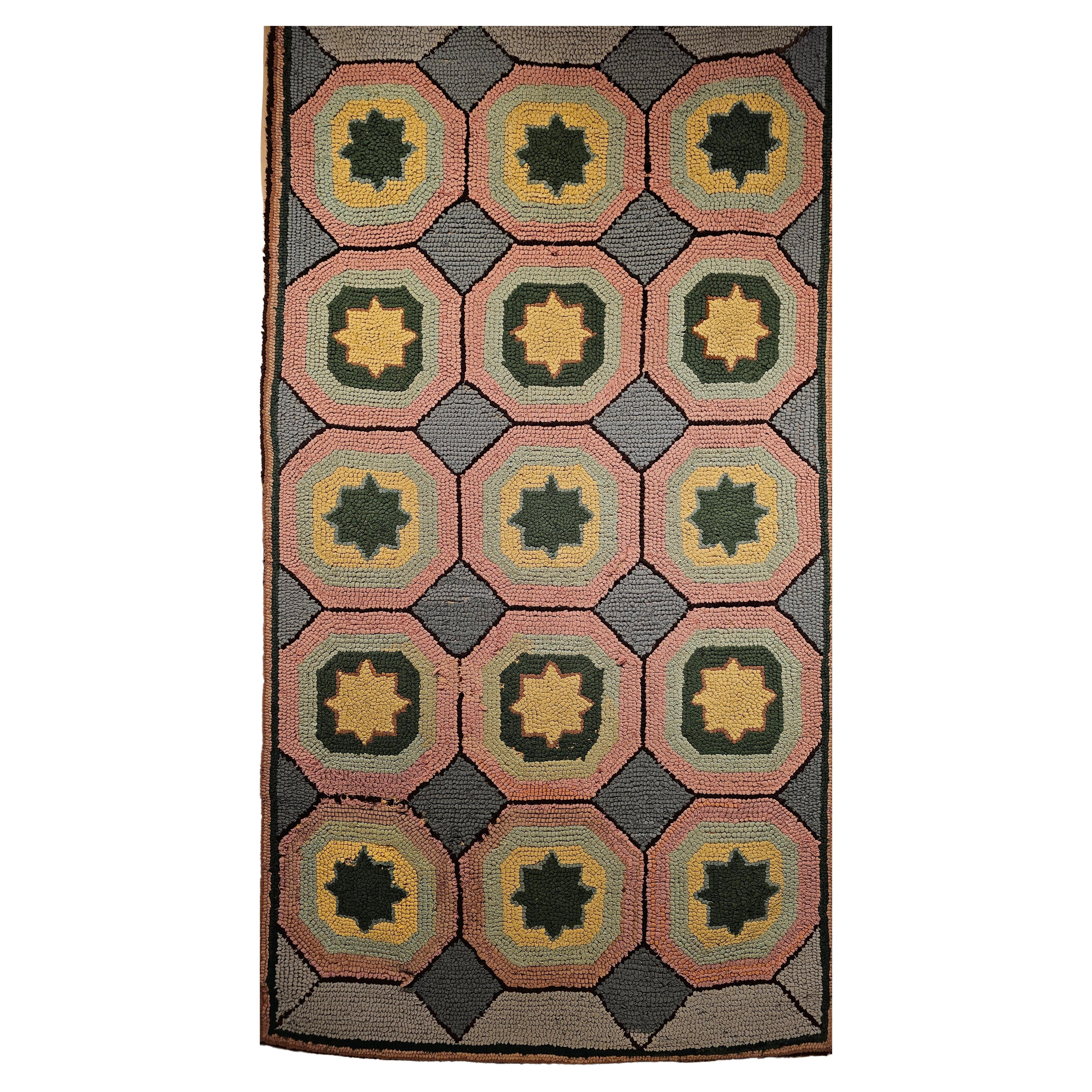 Vintage American Hooked Rug in Geometric Pattern in Gray, Blue, Pink, Yellow For Sale