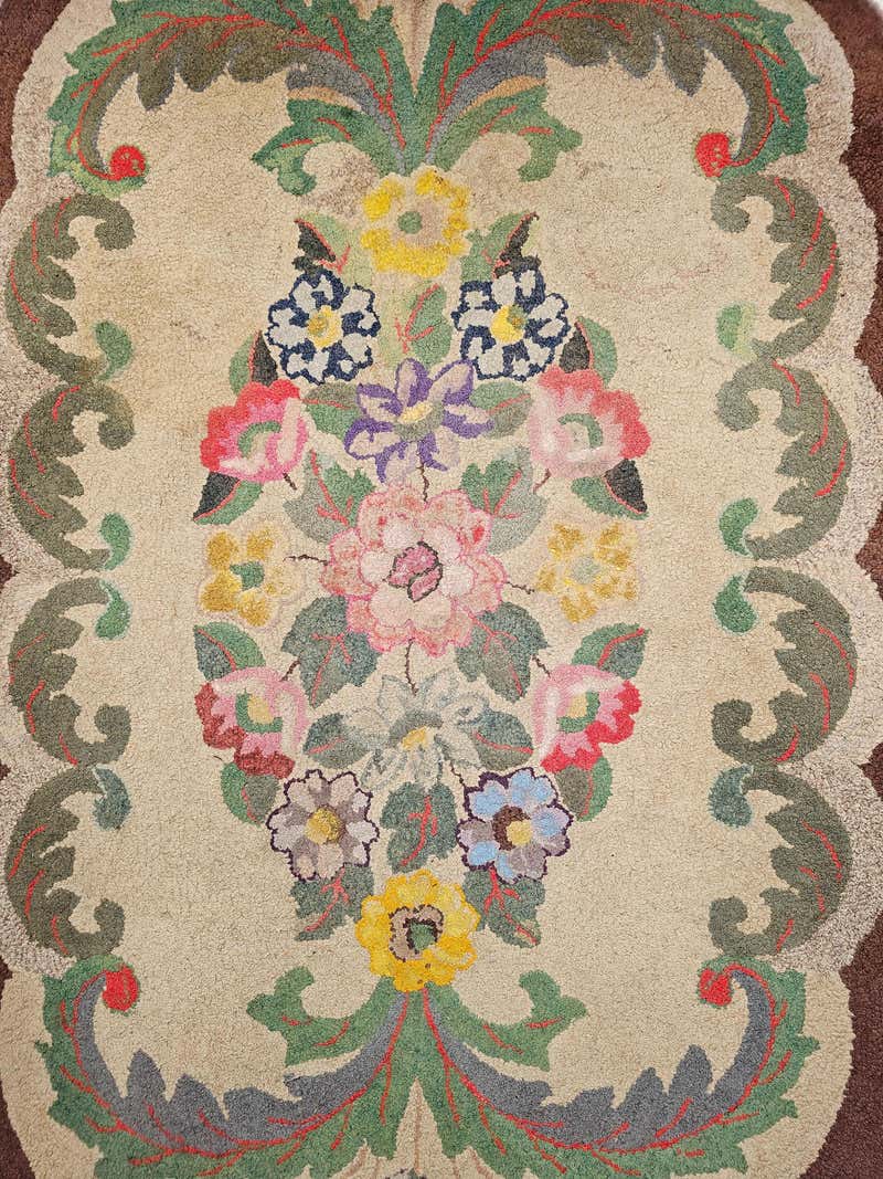 Early American Hand Hooked Rug with a Floral Pattern Wall Art For Sale ...