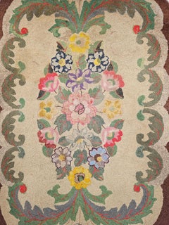 Antique American Hand Hooked Rug in Floral Pattern in Ivory, Green, Red, Blue