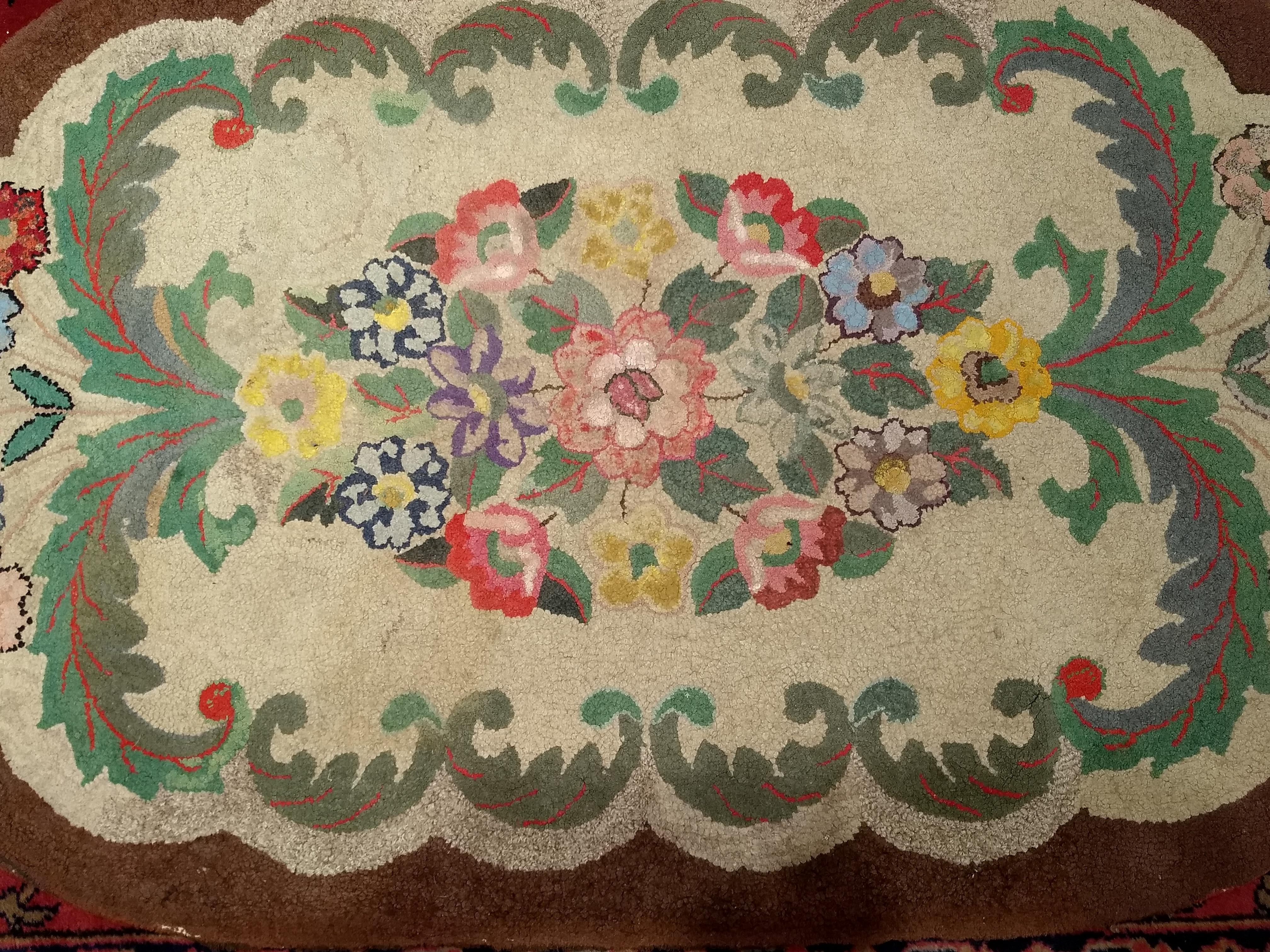 Wool Vintage American Hand Hooked Rug in Floral Pattern in Ivory, Green, Red, Blue For Sale