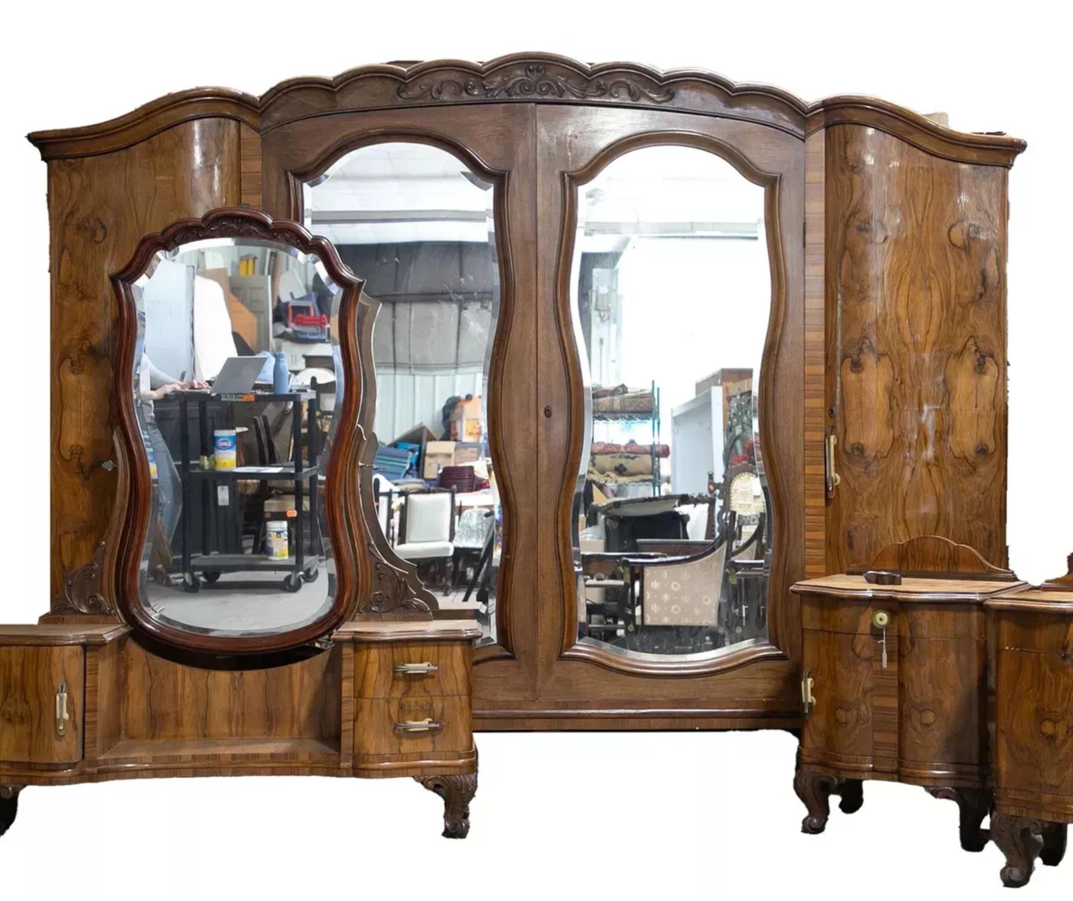 Stunning Early 1900s Antique 5-Piece, Circassian Burled, Walnut, Art Deco, Bedroom Suite!

Handsome Antique Bedroom Suite, (5) Piece Circassian Burled Walnut, Art Deco, Early 1900s. 20th Century!  It is hard to find this many matching pieces to a
