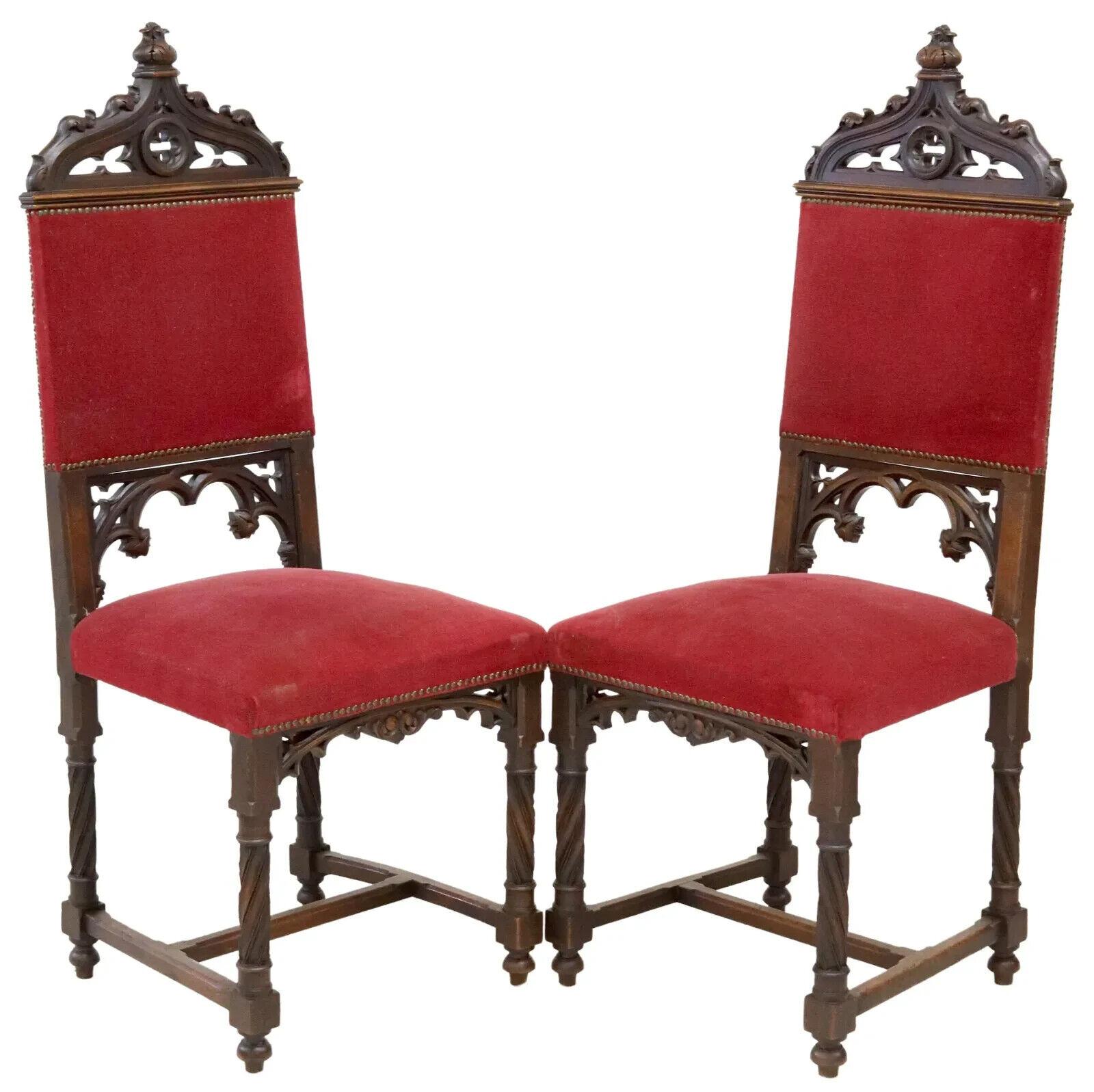 
Beautiful Antique Chairs, Side, (8) French Gothic Revival, Carved, Red, Early 1900s, 20th Century!!

Lot of 8 French Gothic Revival side chairs, early 20th c., having carved tracery, red upholstery, joined by H stretcher, rising on twist supports,