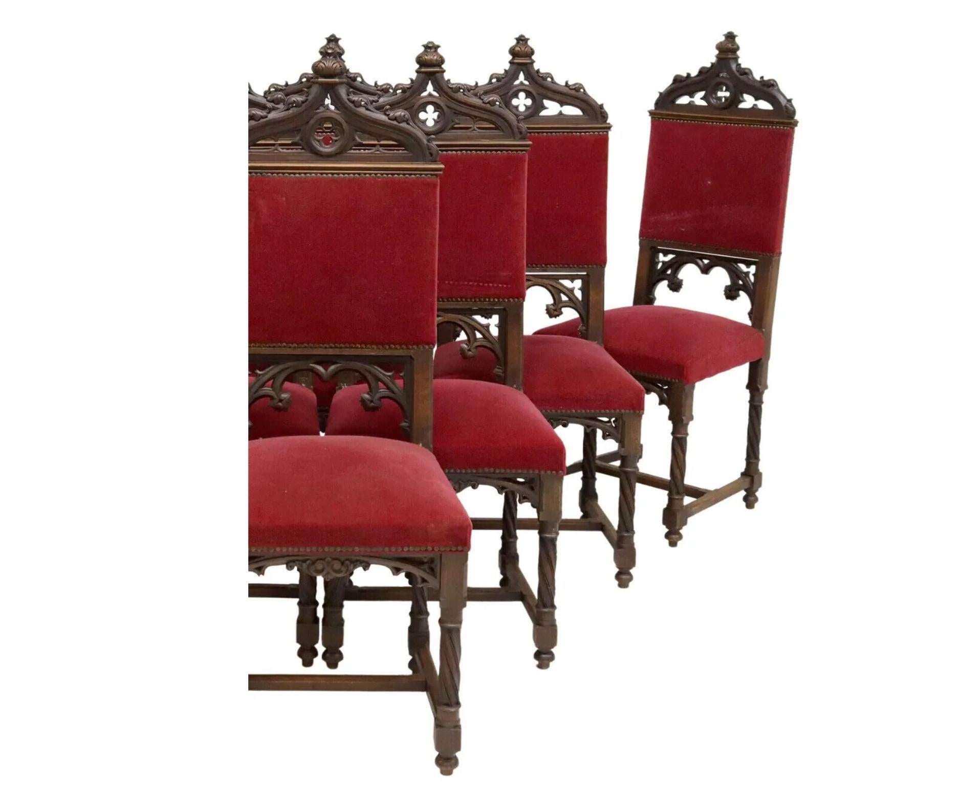 Other Early 1900's Antique (8) French Gothic Revival, Carved, Red Side Chairs