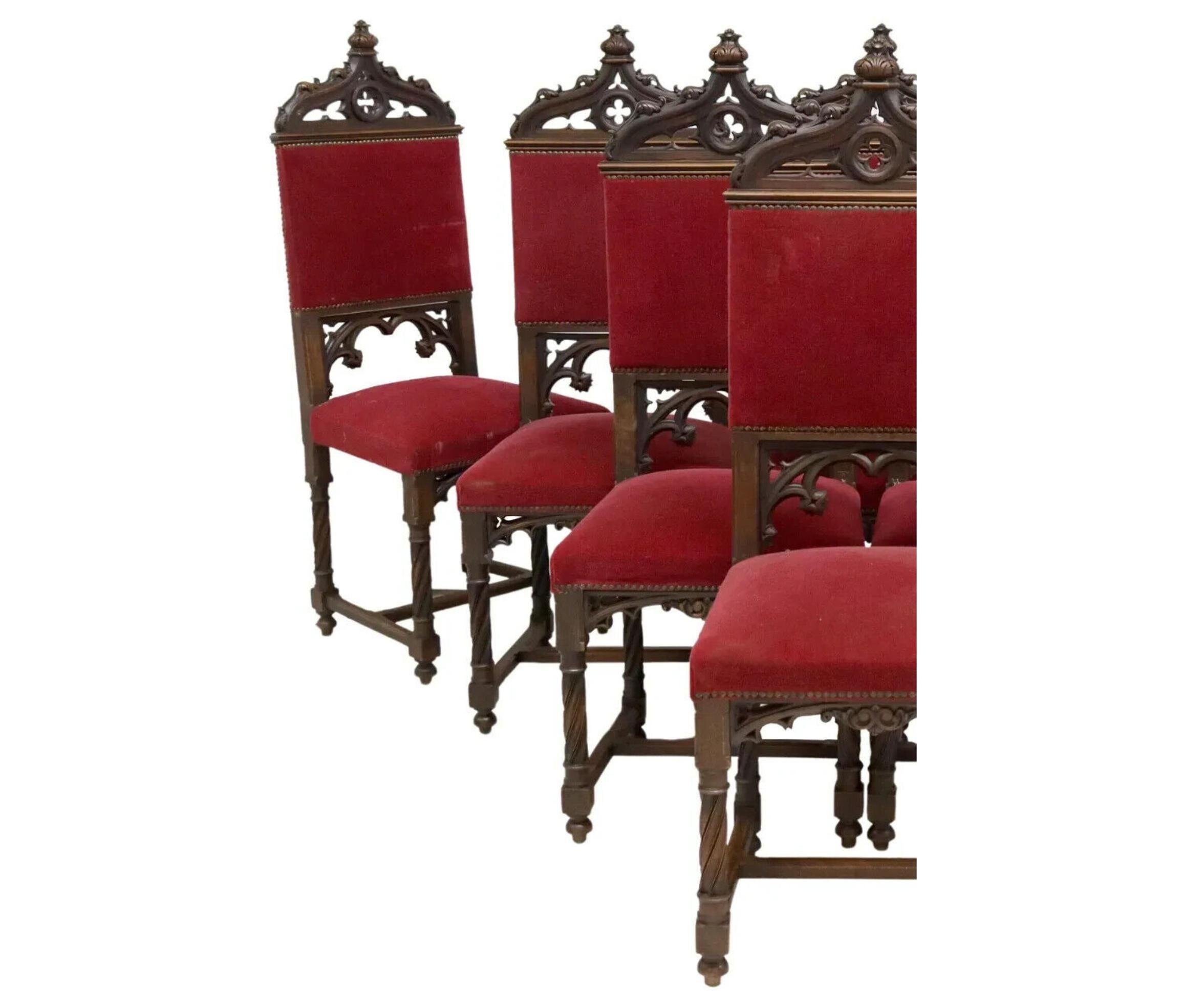 Early 1900's Antique (8) French Gothic Revival, Carved, Red Side Chairs In Good Condition In Austin, TX