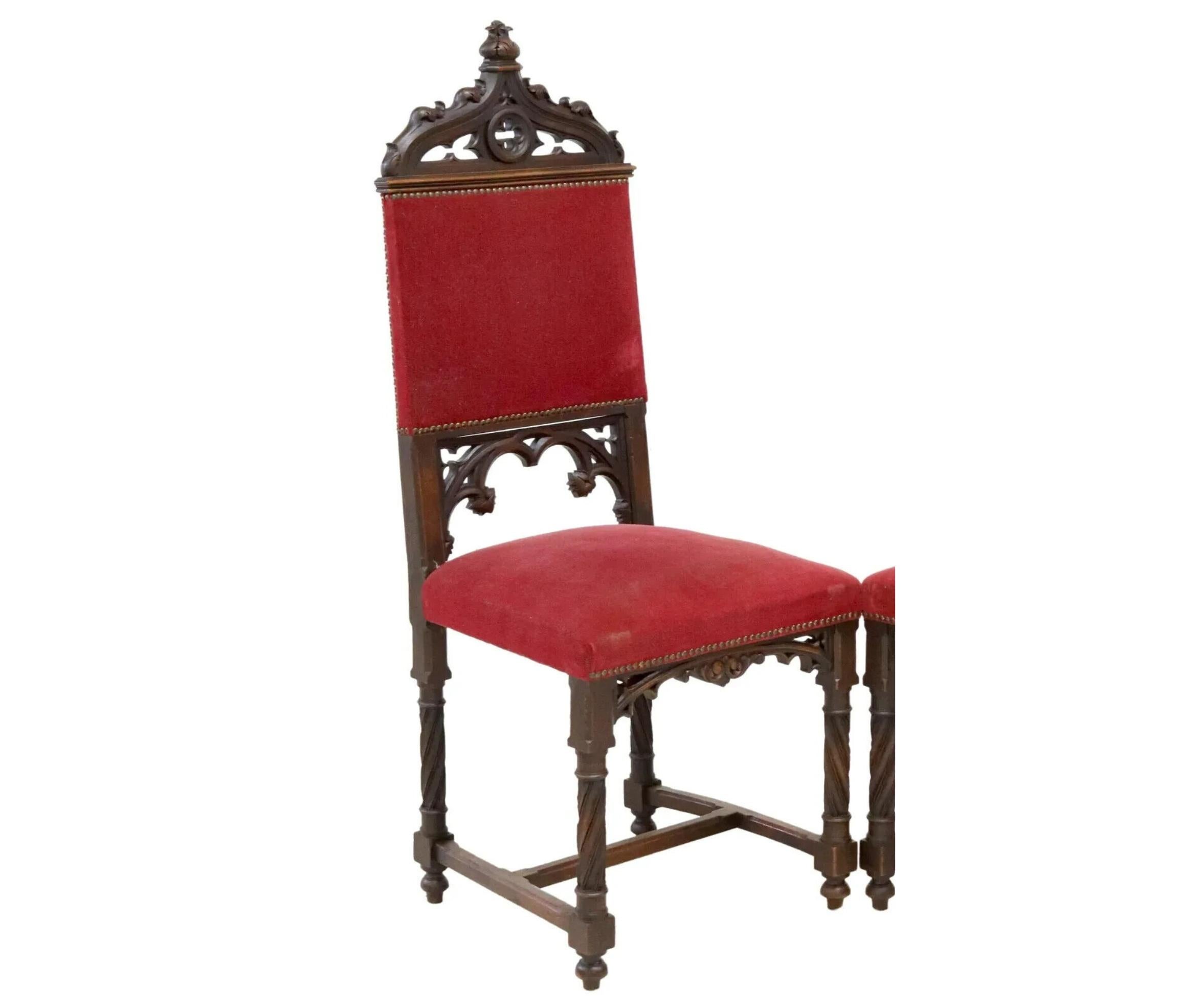 20th Century Early 1900's Antique (8) French Gothic Revival, Carved, Red Side Chairs
