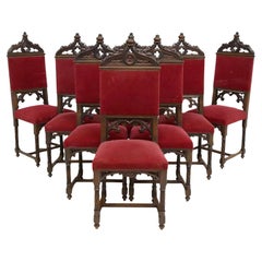 Early 1900's Antique (8) French Gothic Revival, Carved, Red Side Chairs