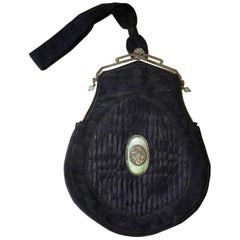 Early 1900s Antique Black Faille Purse With Green Jade and Marcasite Trim