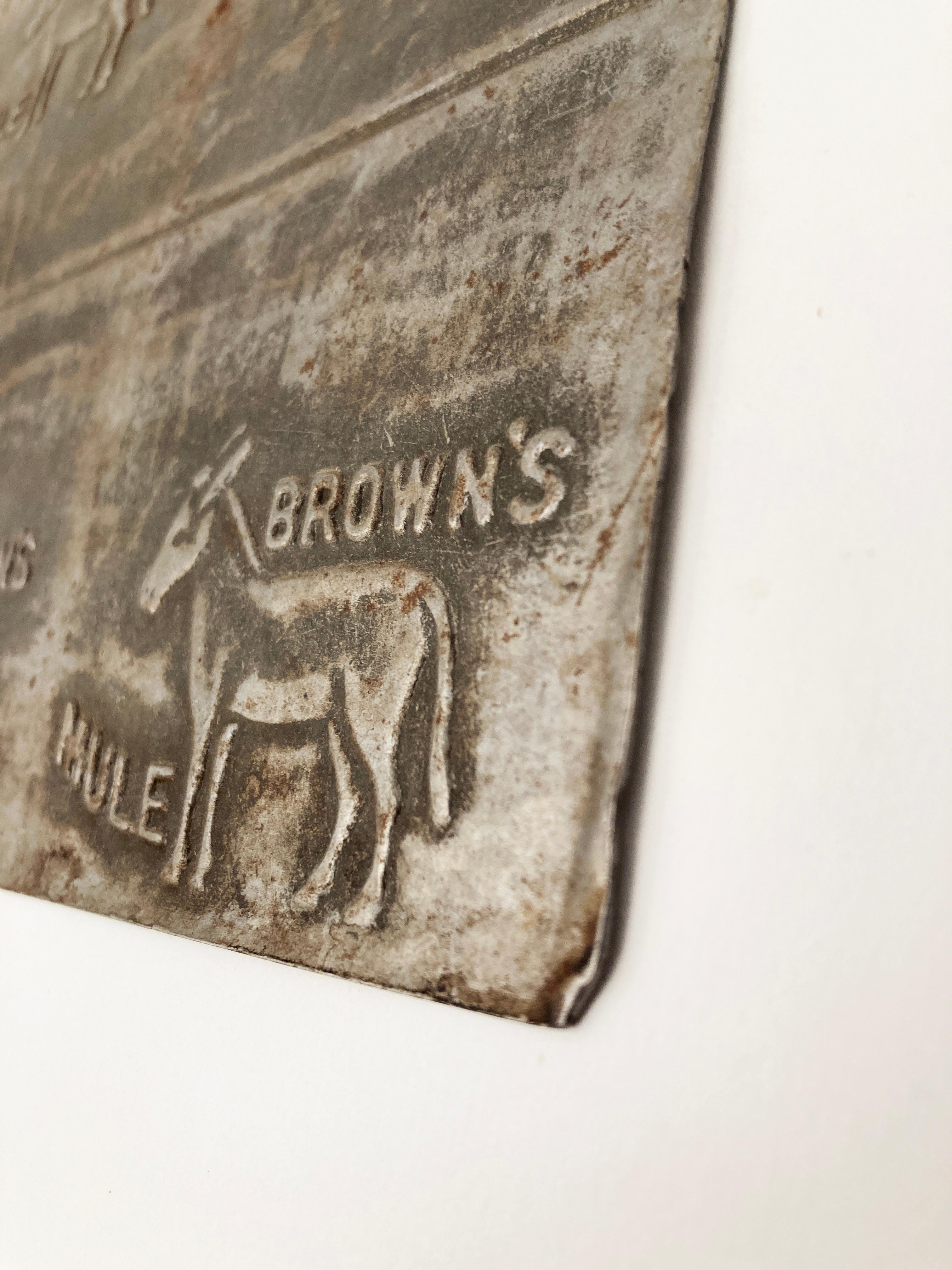 Hand-Crafted Early 1900’s Antique Brown's Mule Chewing Tobacco Embossing Plate For Sale