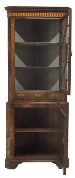 Early 1900's Antique English, Carved Oak, Parquetry, Glazed Door, Corner Cabinet