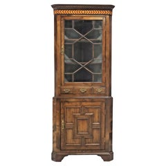 Early 1900's Antique English, Carved Oak, Parquetry, Glazed Door, Corner Cabinet