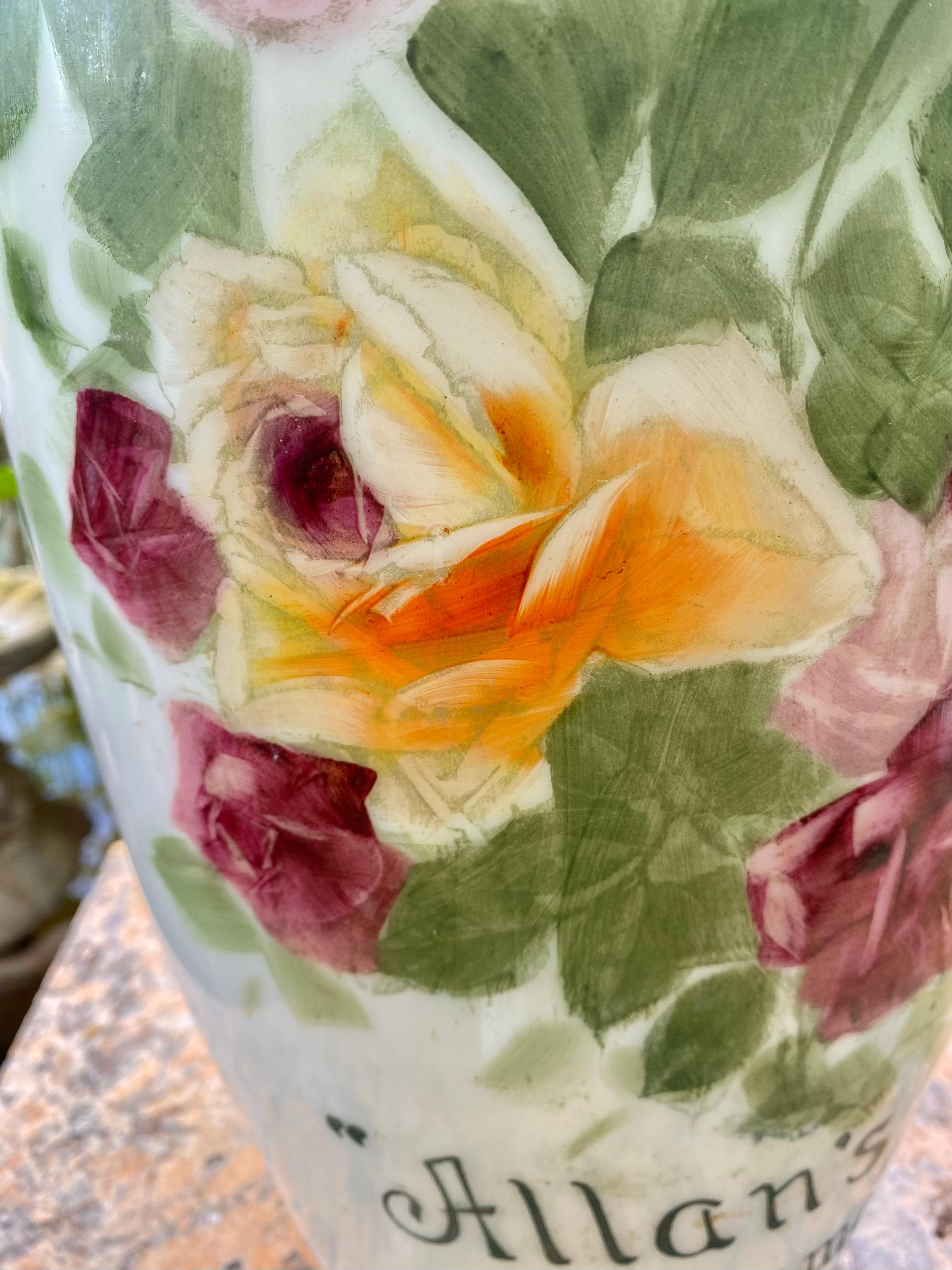 Early 1900s Antique Fostoria Large Hand Painted Milk Glass Vase 6