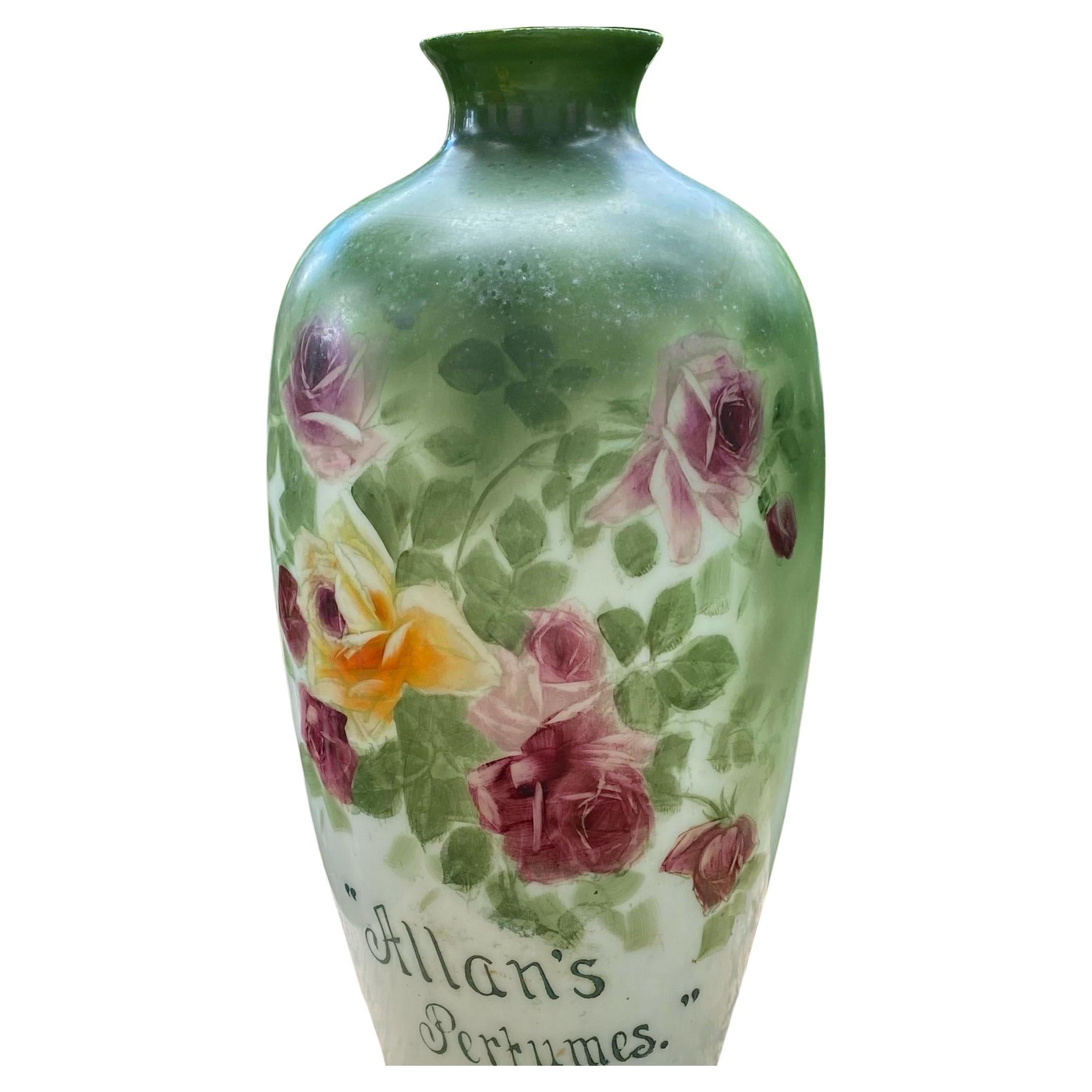 A Large Antique Hand-Painted Milk Glass Allan Perfumer Bottle from the Louisiana Purchase Exposition, St. Louis, 1904, Created By The Venerable Fostoria Company. 
The Louisiana Purchase Exposition, informally known as the St. Louis World's Fair, was