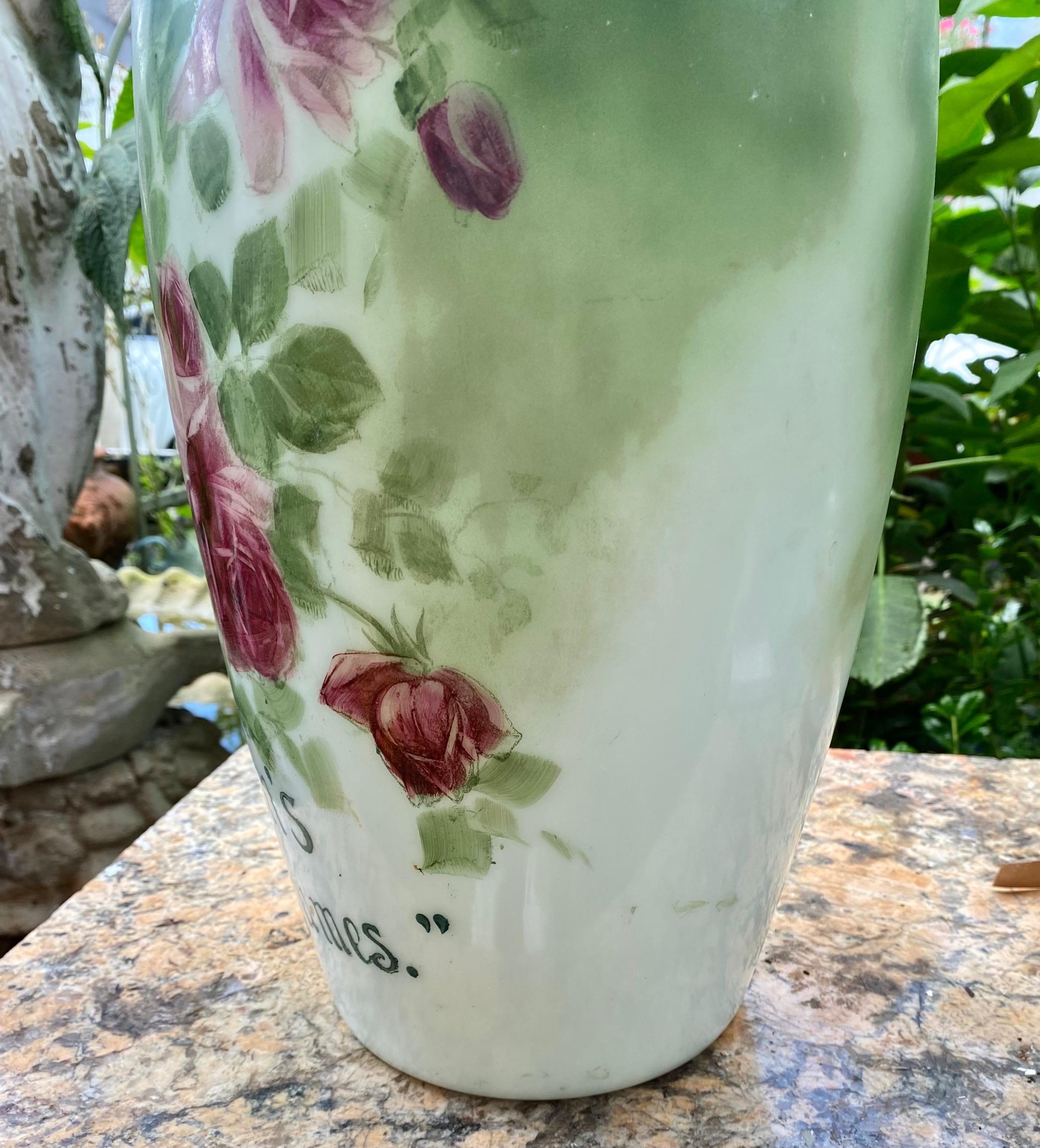 Hand-Crafted Early 1900s Antique Fostoria Large Hand Painted Milk Glass Vase  For Sale