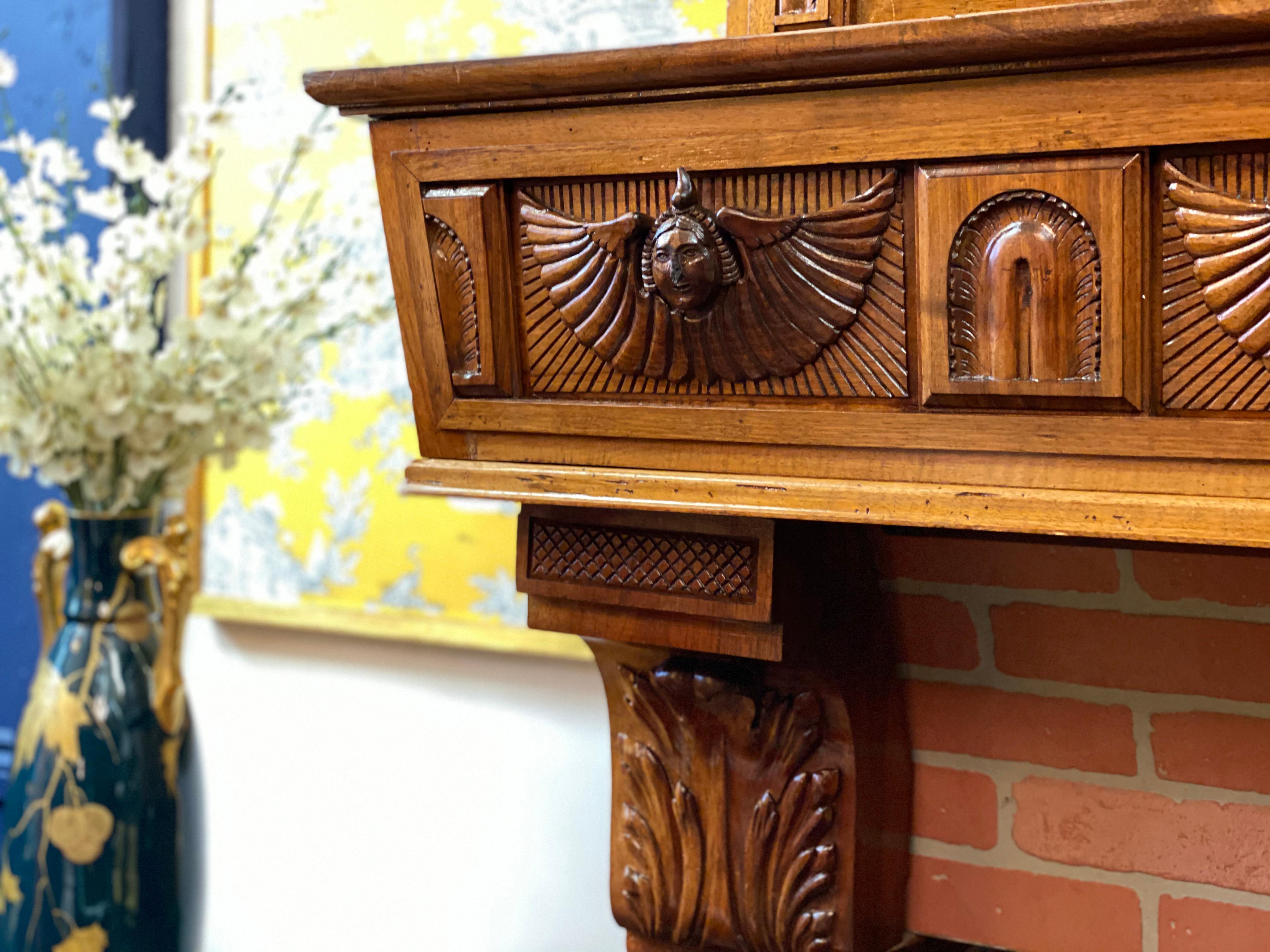 Early 1900s Antique French Art Nouveau Carved Walnut Fireplace Mantel In Fair Condition In Brooklyn, NY