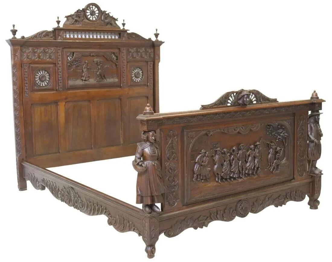 Other Early 1900's Antique French Breton, Figural & Foliate, Carved Oak, Spindled Bed!