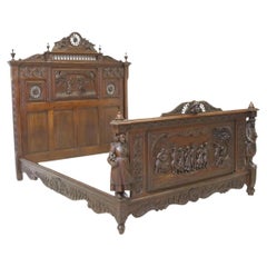 Early 1900's Antique French Breton, Figural & Foliate, Carved Oak, Spindled Bed!