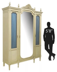 Early 1900's Antique French Louis XVI Style, Painted, Mirrored, 98" H Armoire