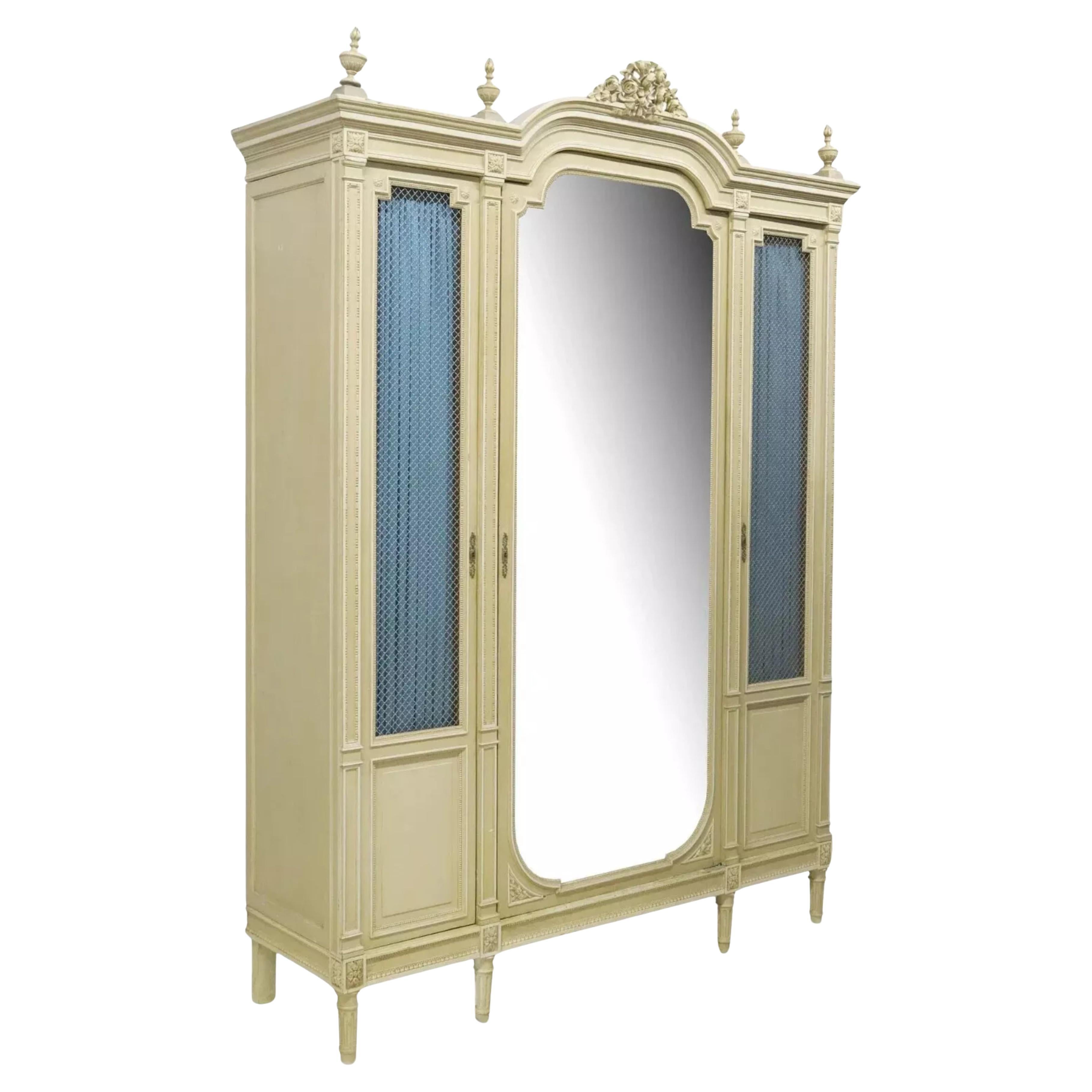 Early 1900's Antique French Louis XVI Style, Painted, Mirrored, 98" H Armoire