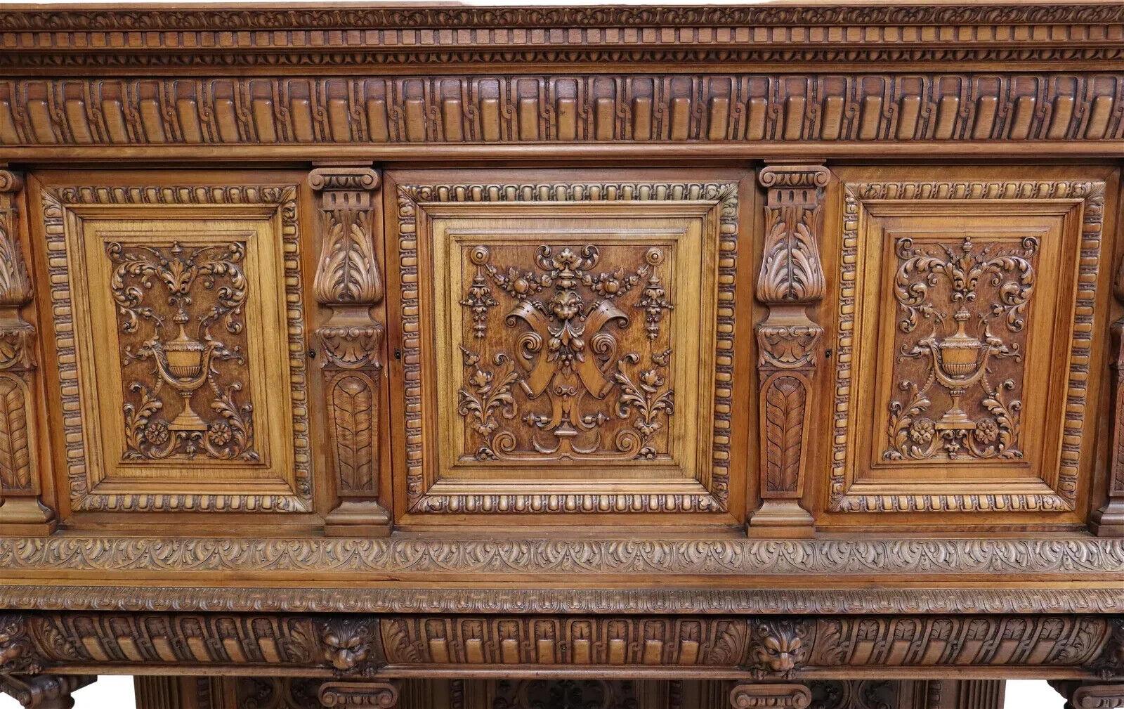 20th Century Early 1900s Antique French Renaissance Style Carved Walnut Sideboard For Sale