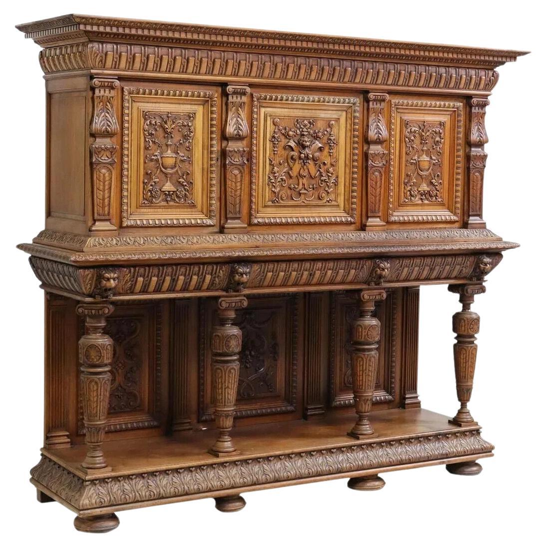 Early 1900s Antique French Renaissance Style Carved Walnut Sideboard For Sale