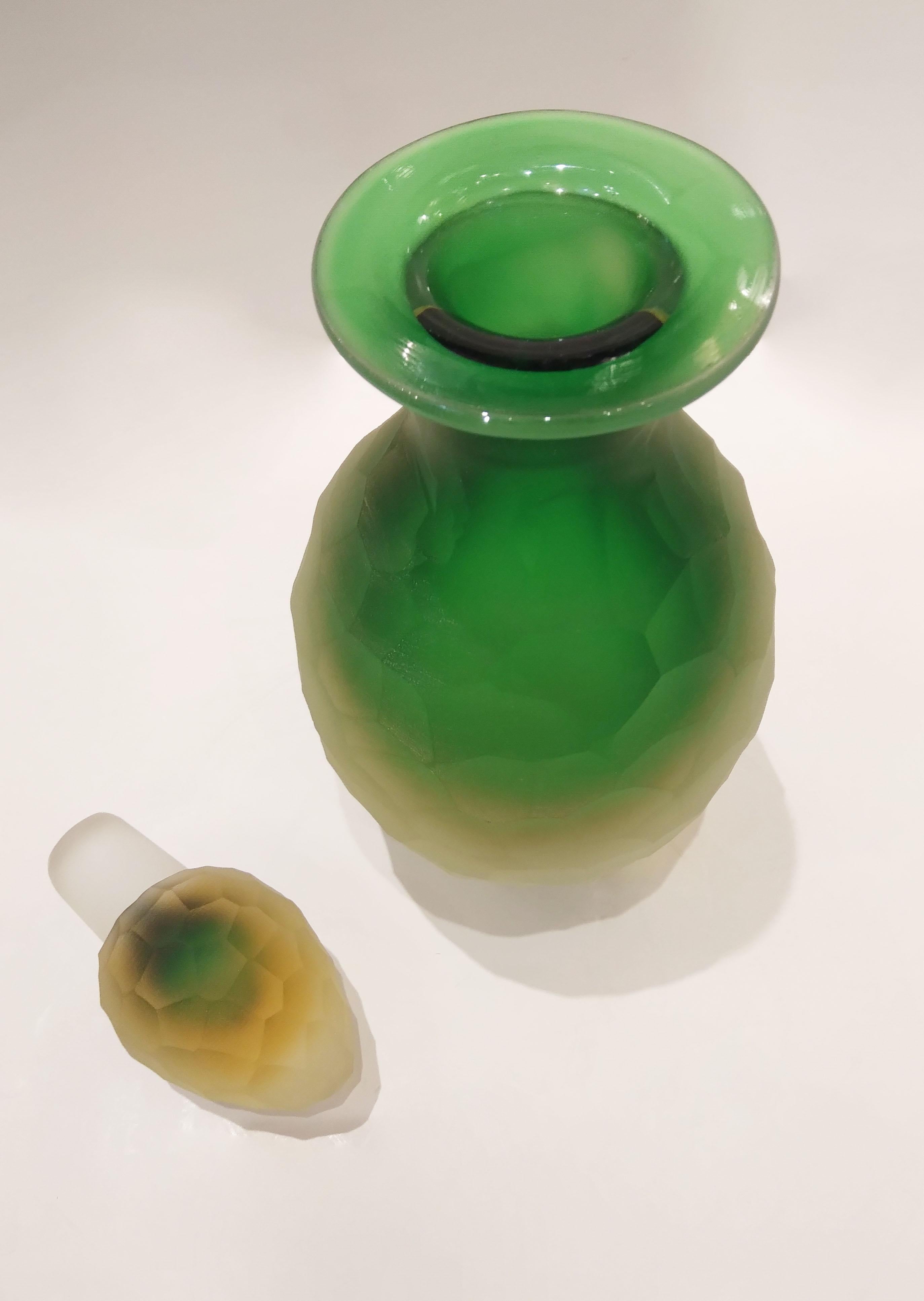 Early 1900s Antique Italian Crystal Green Yellow Layered Murano Glass Bottle For Sale 4