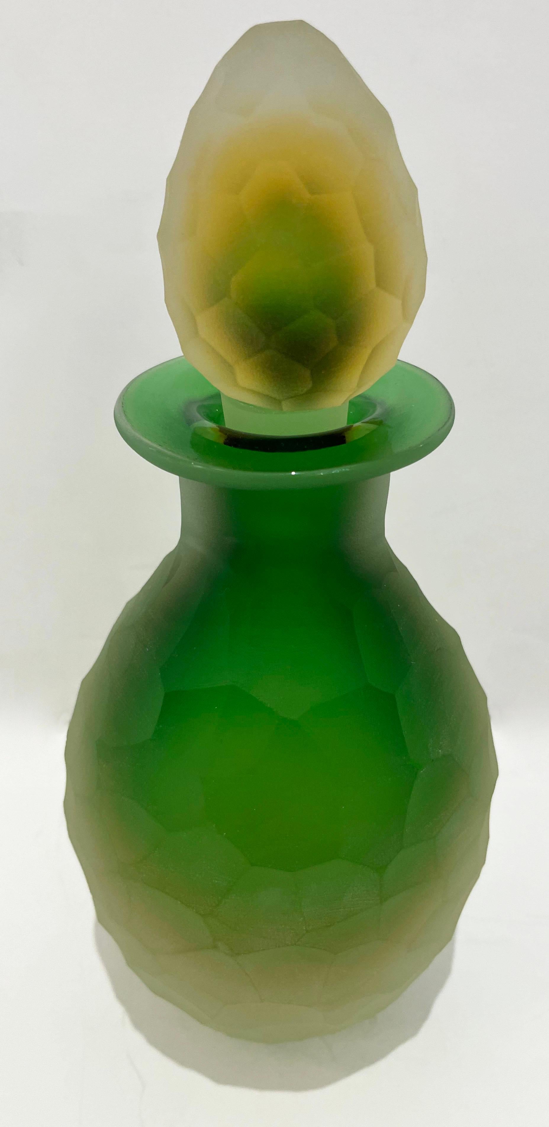Early 1900s Antique Italian Crystal Green Yellow Layered Murano Glass Bottle For Sale 6