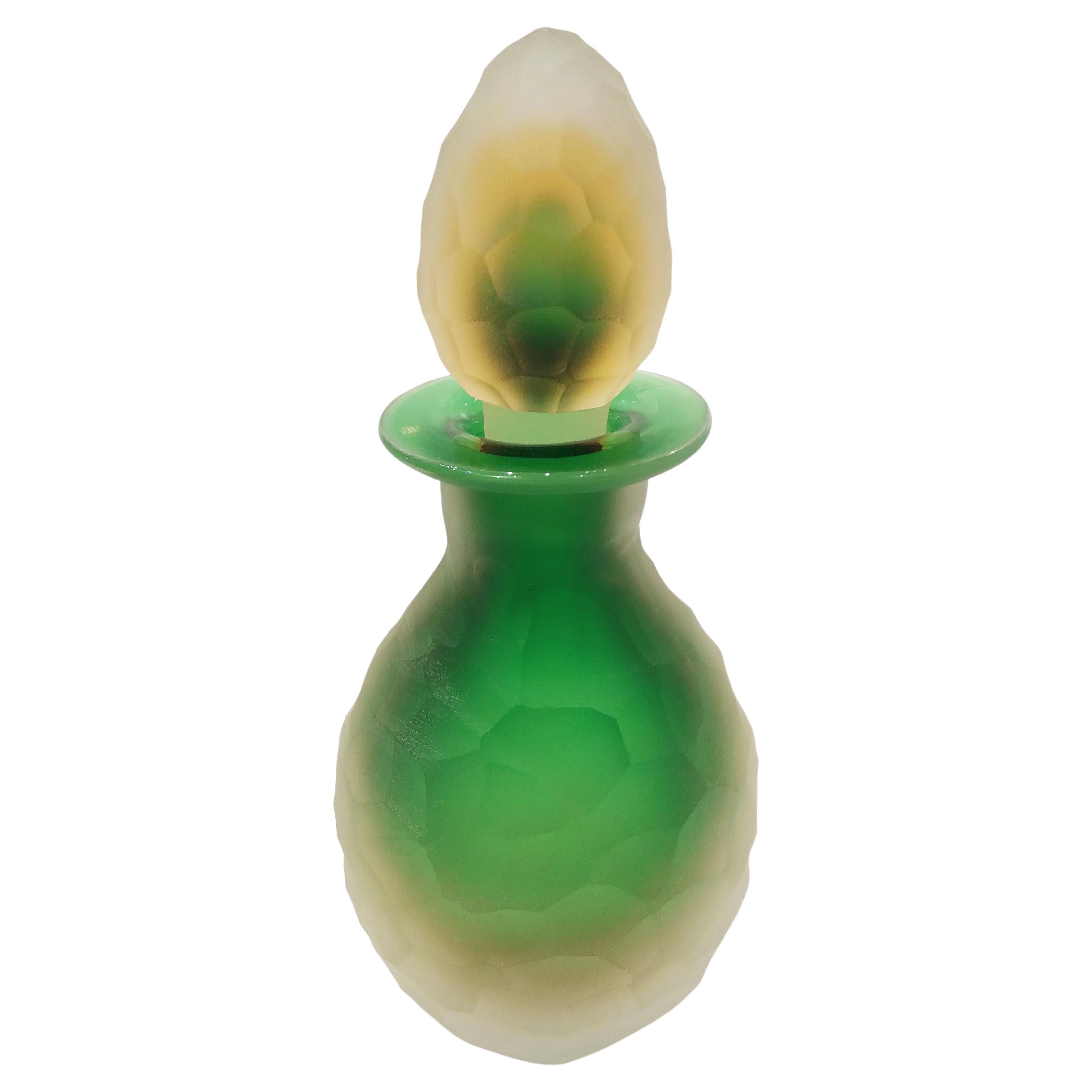 Early 1900s Antique Italian Crystal Green Yellow Layered Murano Glass Bottle For Sale 8