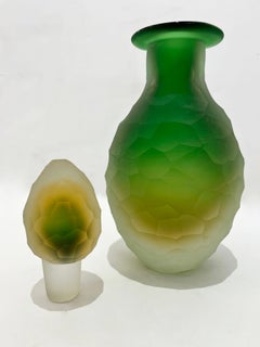 Bouteille italienne ancienne du début des années 1900 en verre de Murano en cristal vert et jaune à couches superposées