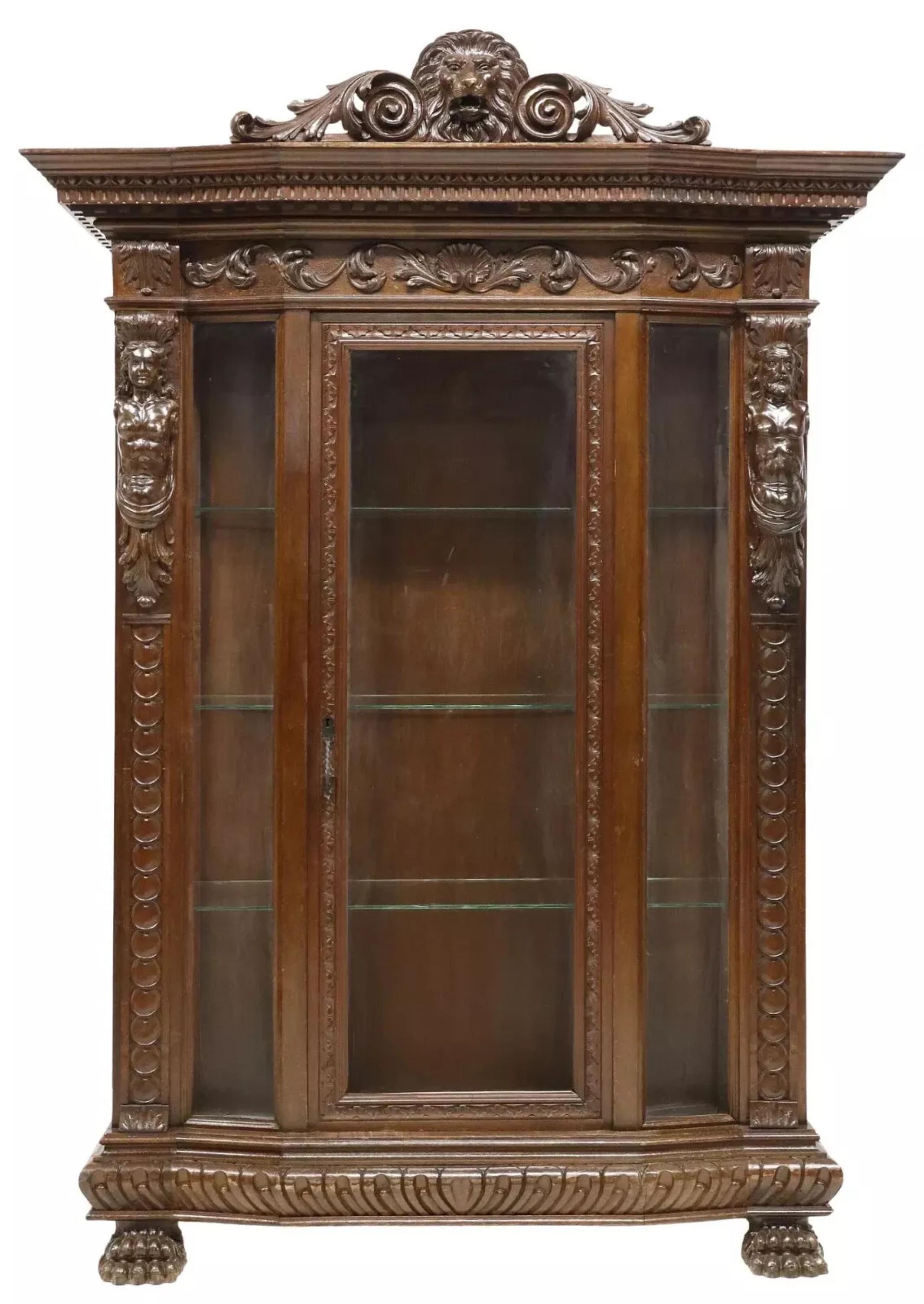 Gorgeous Antique Vitrine Bookcase, Italian Renaissance Revival, Carved, Walnut, Early 1900s, 20th Century!

This antique vitrine bookcase is a stunning piece of Italian Renaissance Revival furniture from the early 1900s. Crafted from walnut, it
