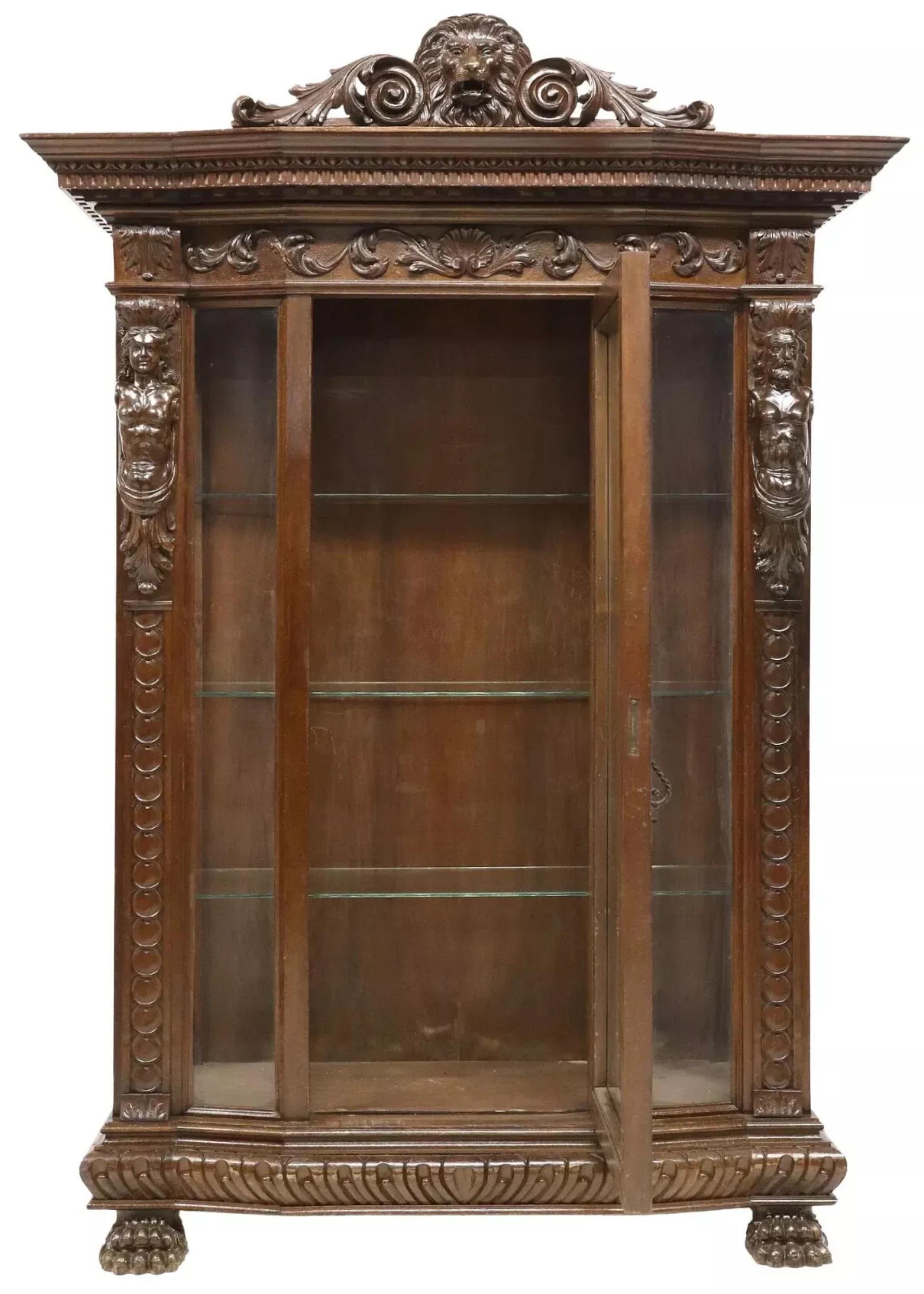 Renaissance Revival Early 1900s Antique, Italian Renaiss. Revival, Carved, Walnut Vitrine, Bookcase!