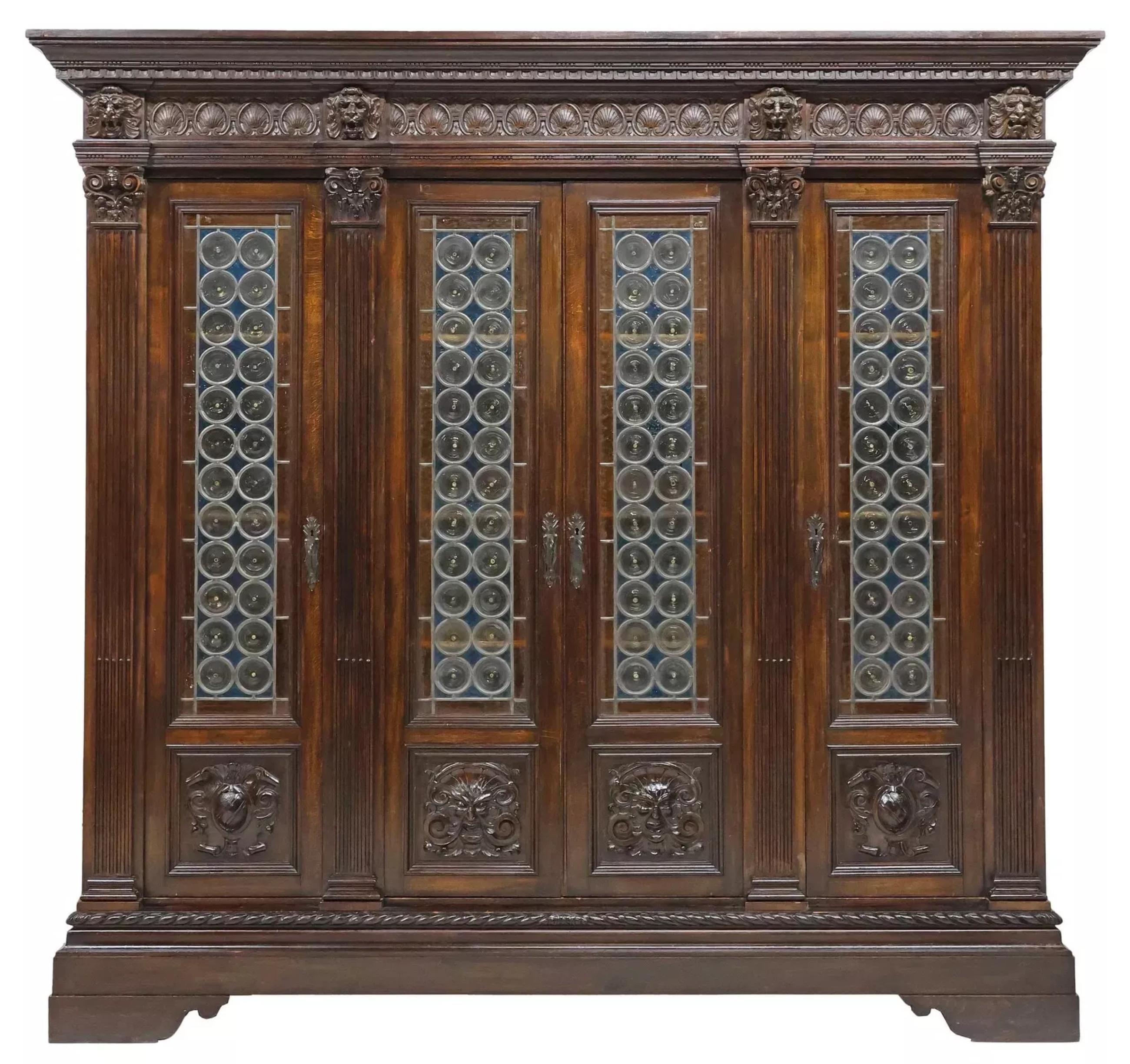 Early 1900's Antique Italian Renaissance Revival, Leaded Crown Glass, Bookcase! In Good Condition In Austin, TX
