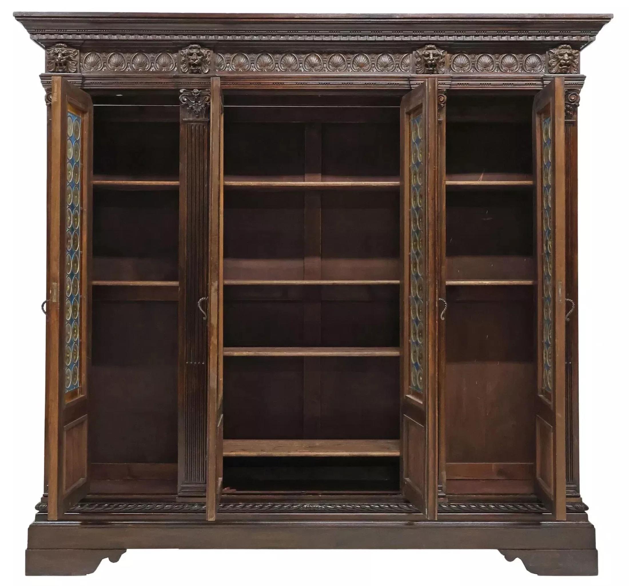Early 1900's Antique Italian Renaissance Revival, Leaded Crown Glass, Bookcase! 1