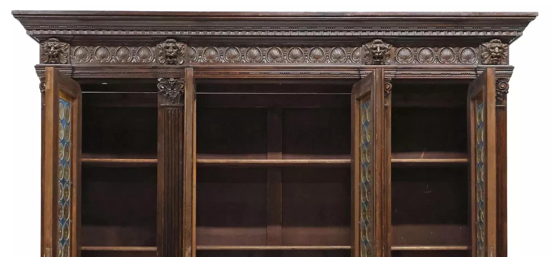 Early 1900's Antique Italian Renaissance Revival, Leaded Crown Glass, Bookcase! 2