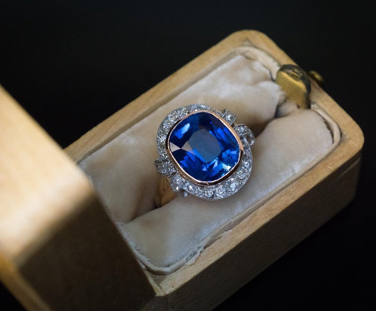 Antique Cushion Cut Early 1900s Antique Kashmir Sapphire Diamond Engagement Ring For Sale