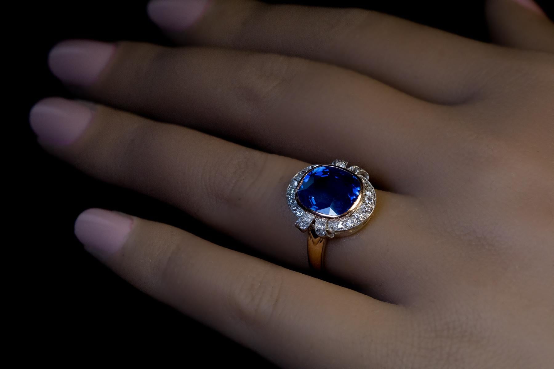 Antique Cushion Cut Early 1900s Antique Kashmir Sapphire Diamond Engagement Ring