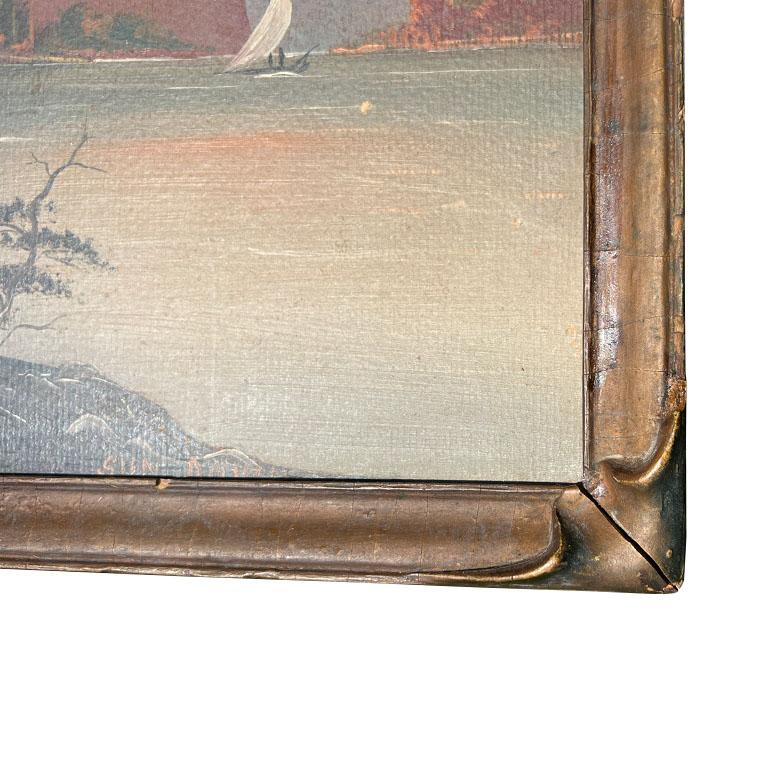 An early 1900s framed ship painting. This piece caught our eye because of the unusual frame. It is created from wood and seems to have a trompe l'oeil folded fabric at each corner. The artwork itself is beautiful however it was the frame alone that