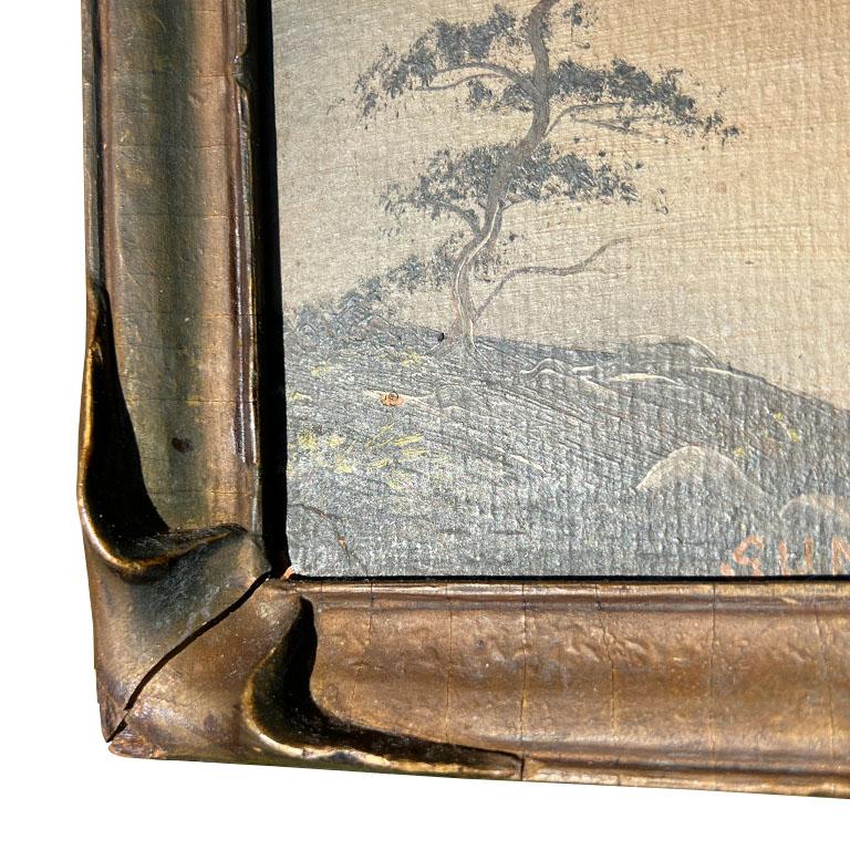 American Early 1900s Antique Ship Painting in Carved Wood Trompe L'Oeil Frame